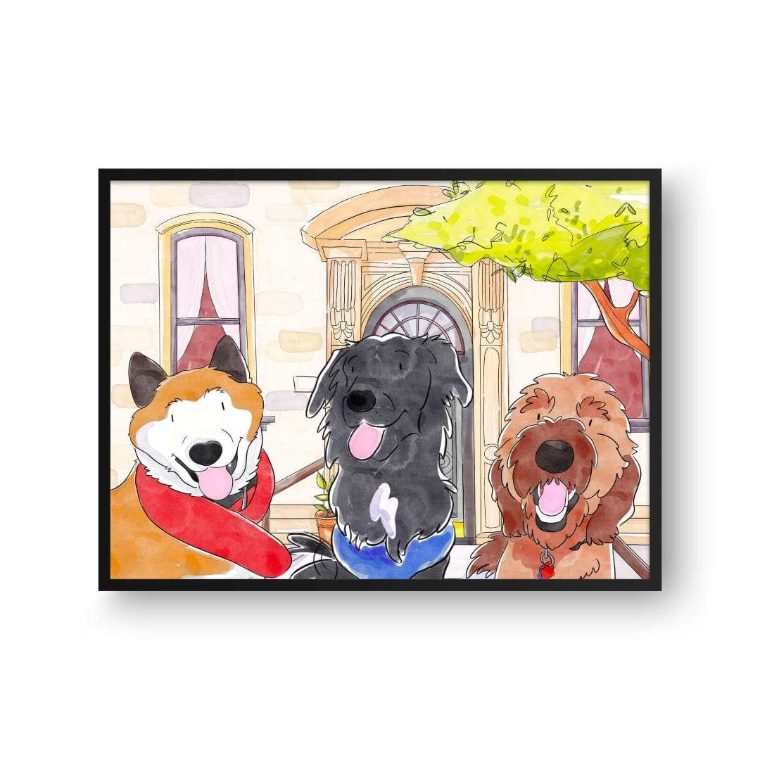 Crown and Paw - Framed Poster Watercolor Pet Portrait - Three Pets, Framed Poster