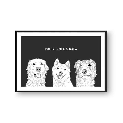 Crown and Paw - Framed Poster Illustrated Pet Portrait - Three Pets
