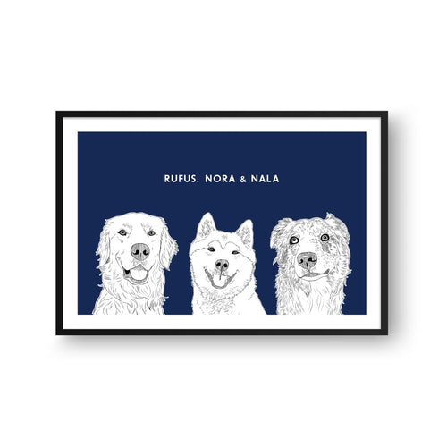 Crown and Paw - Framed Poster Illustrated Pet Portrait - Three Pets