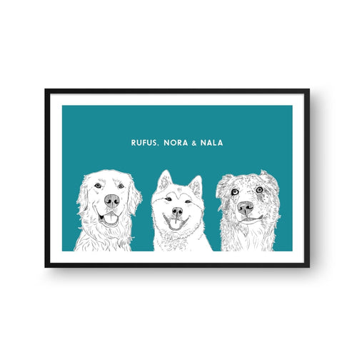 Crown and Paw - Framed Poster Illustrated Pet Portrait - Three Pets
