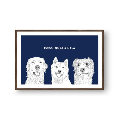 Crown and Paw - Framed Poster Illustrated Pet Portrait - Three Pets