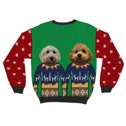 Crown and Paw - Custom Clothing Premium Christmas Sweatshirt - Two Pets Festive Green / Hearts / S