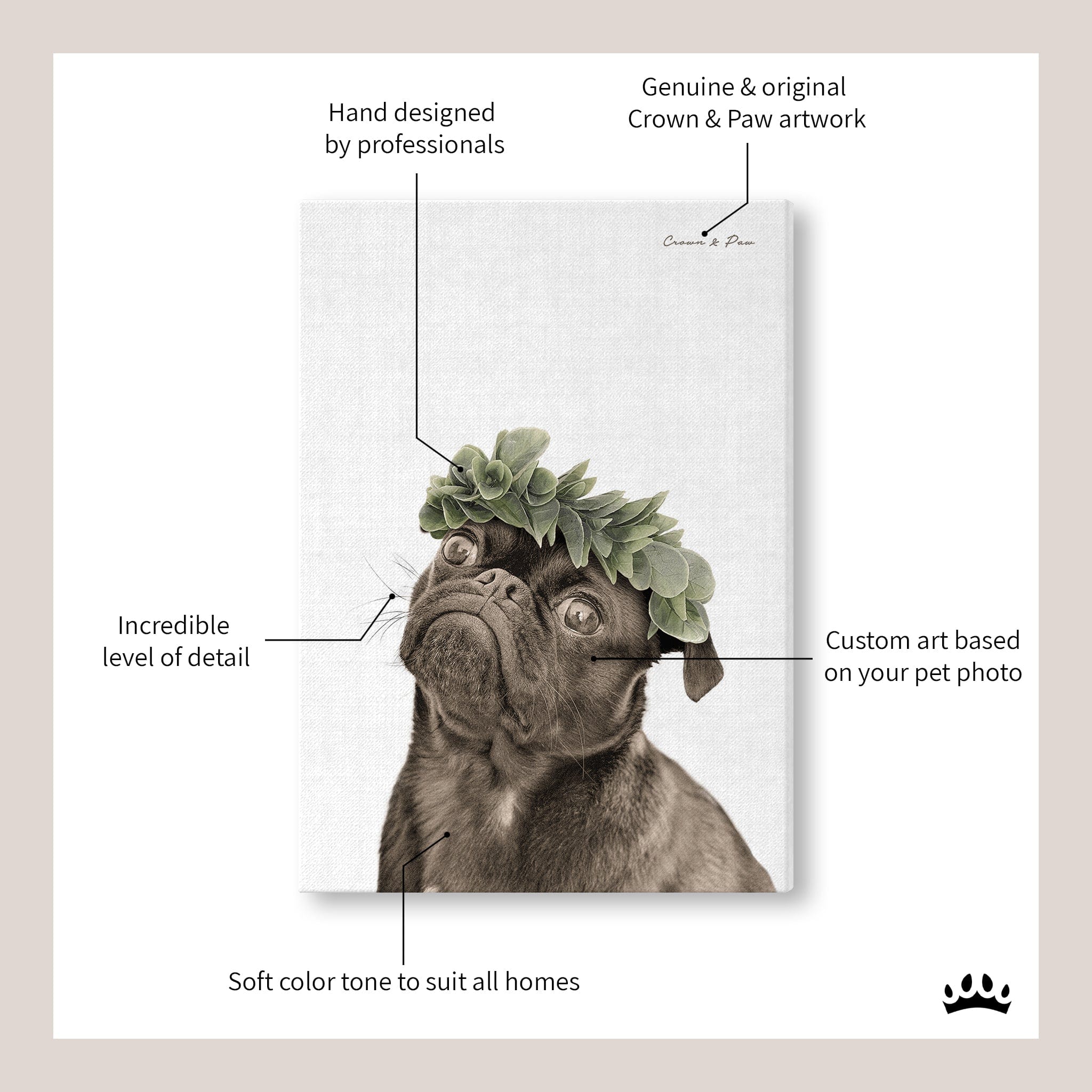 Crown and Paw - Canvas Floral Crown Pet Portrait - Custom Canvas
