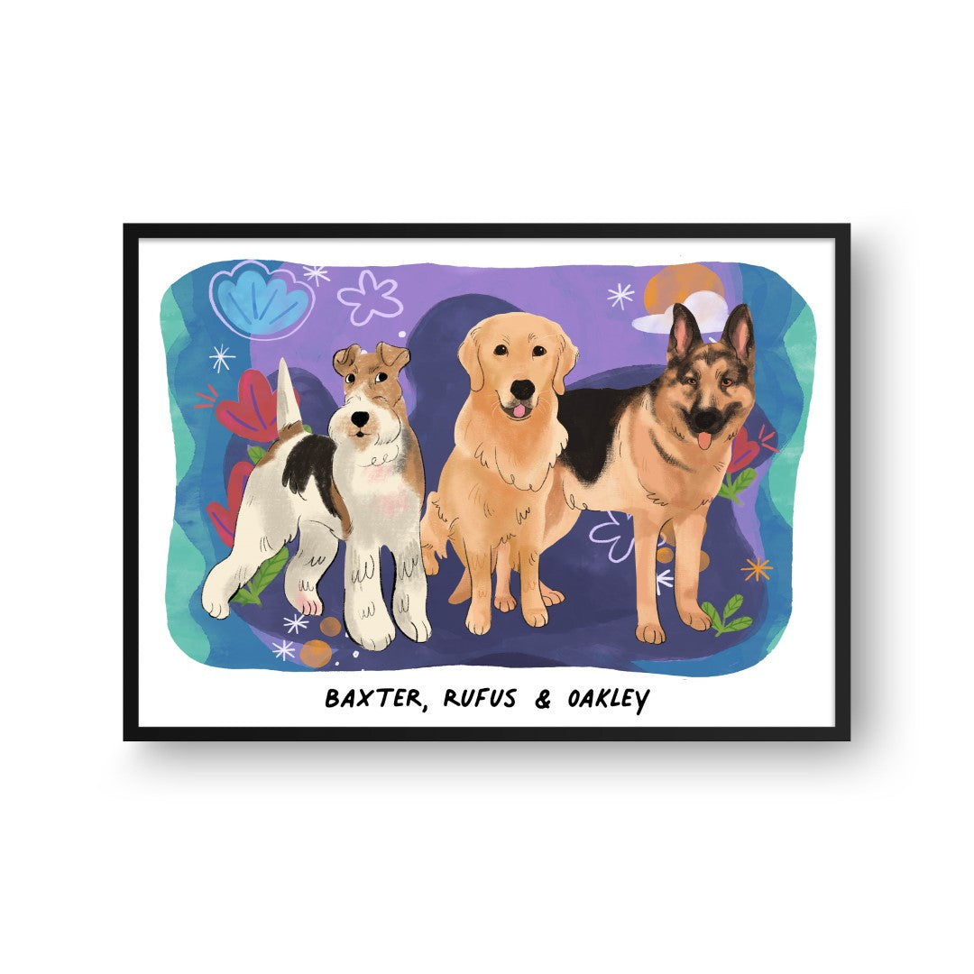 Premium Watercolor Pet Portrait - Three Pets, Framed Poster