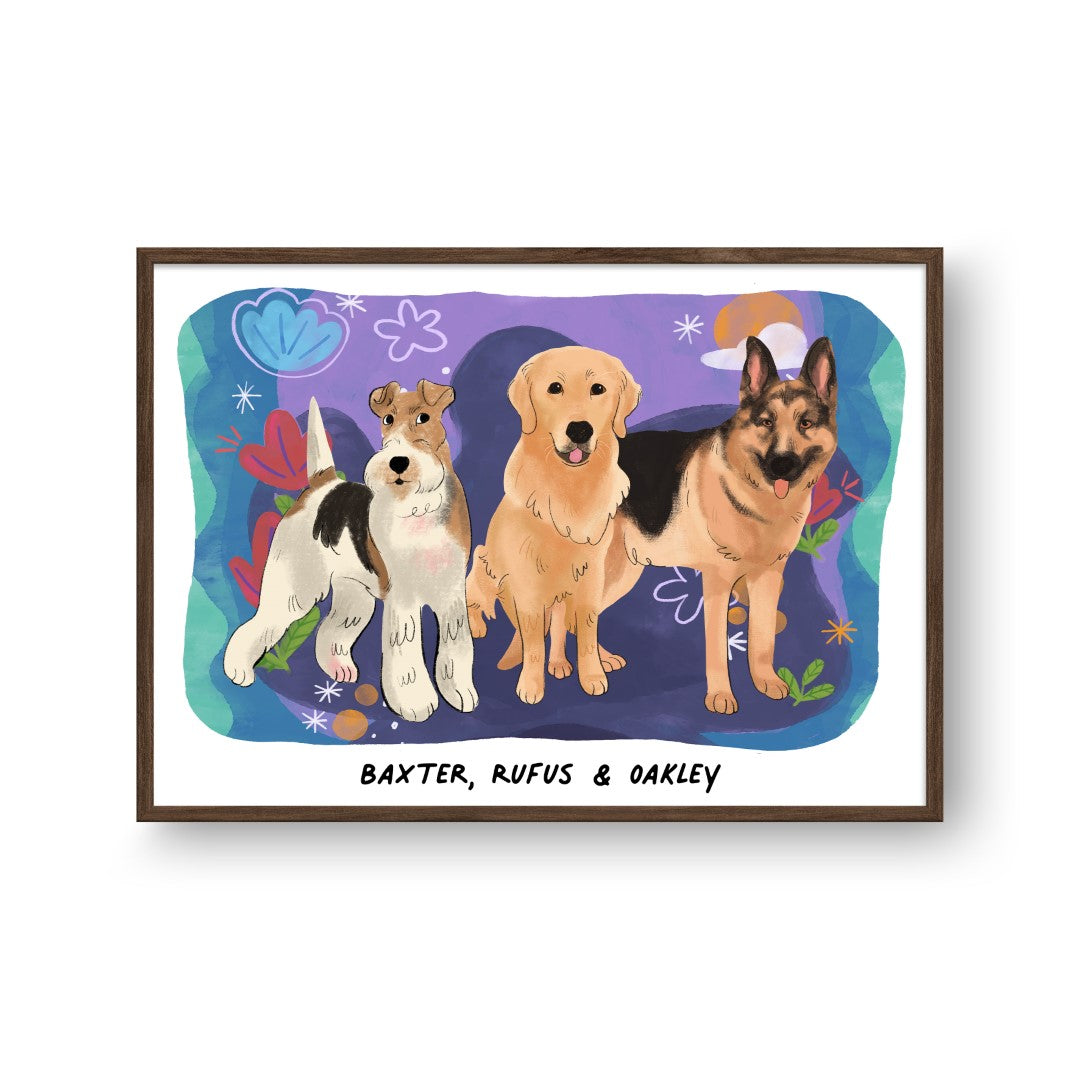 Premium Watercolor Pet Portrait - Three Pets, Framed Poster