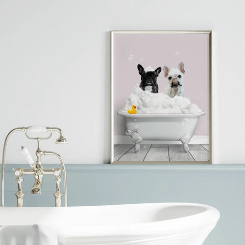 Crown and Paw - Canvas Bath Tub Pet Portrait (Two Pets) - Custom Pet Art Canvas 8" x 10" / Soft Pink / Without Curtain