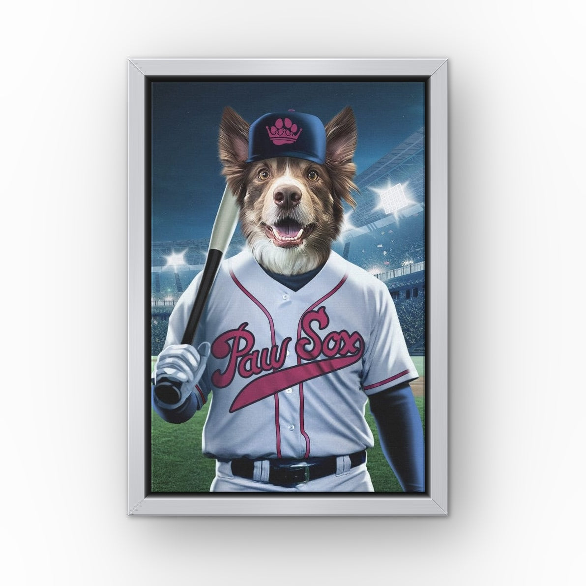 Boston Paw Sox custom pet canvas in a silver floating frame