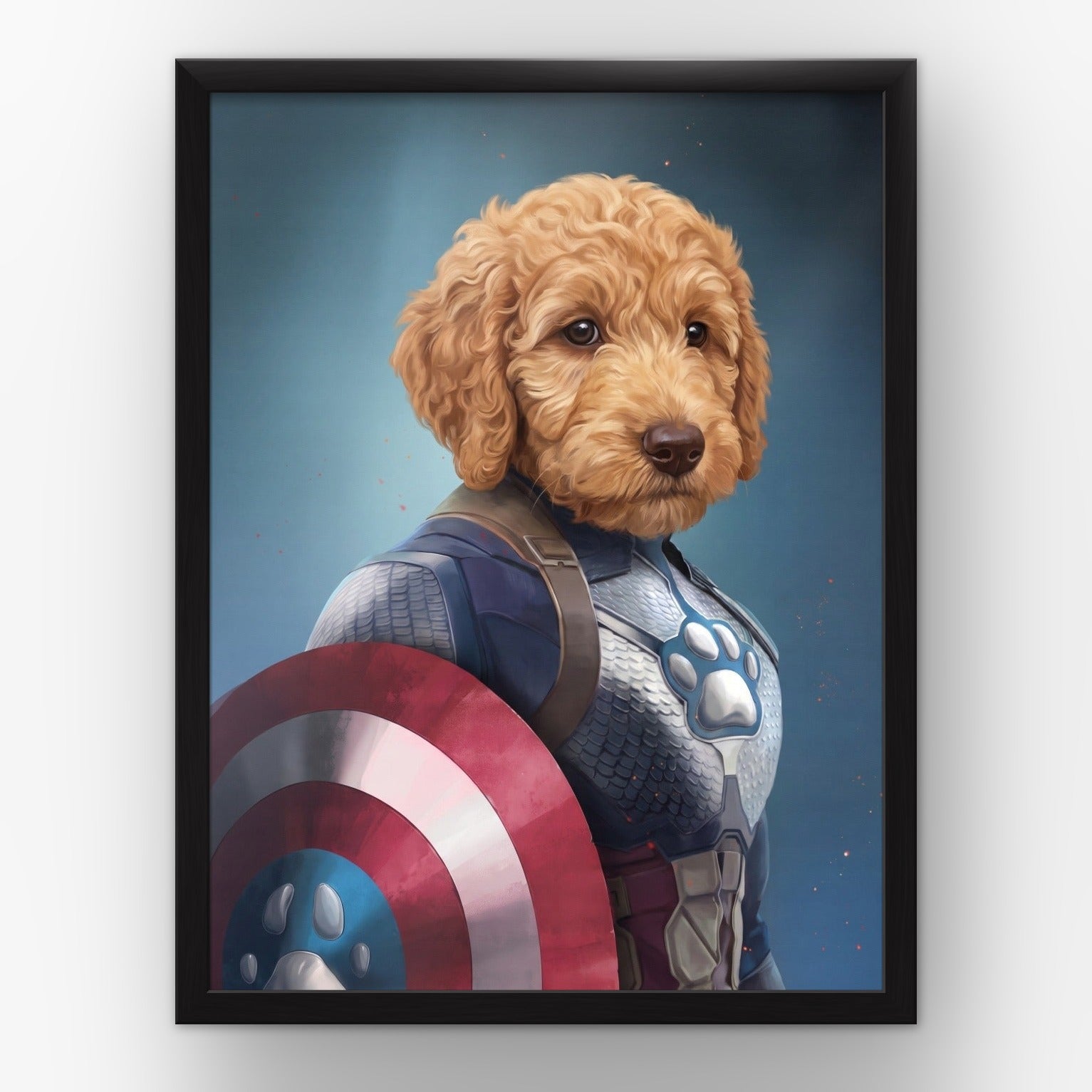Captain Pawmerica custom pet poster in a black frame