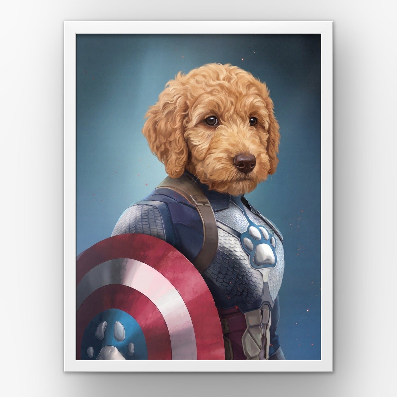 Captain Pawmerica custom pet poster in a white frame