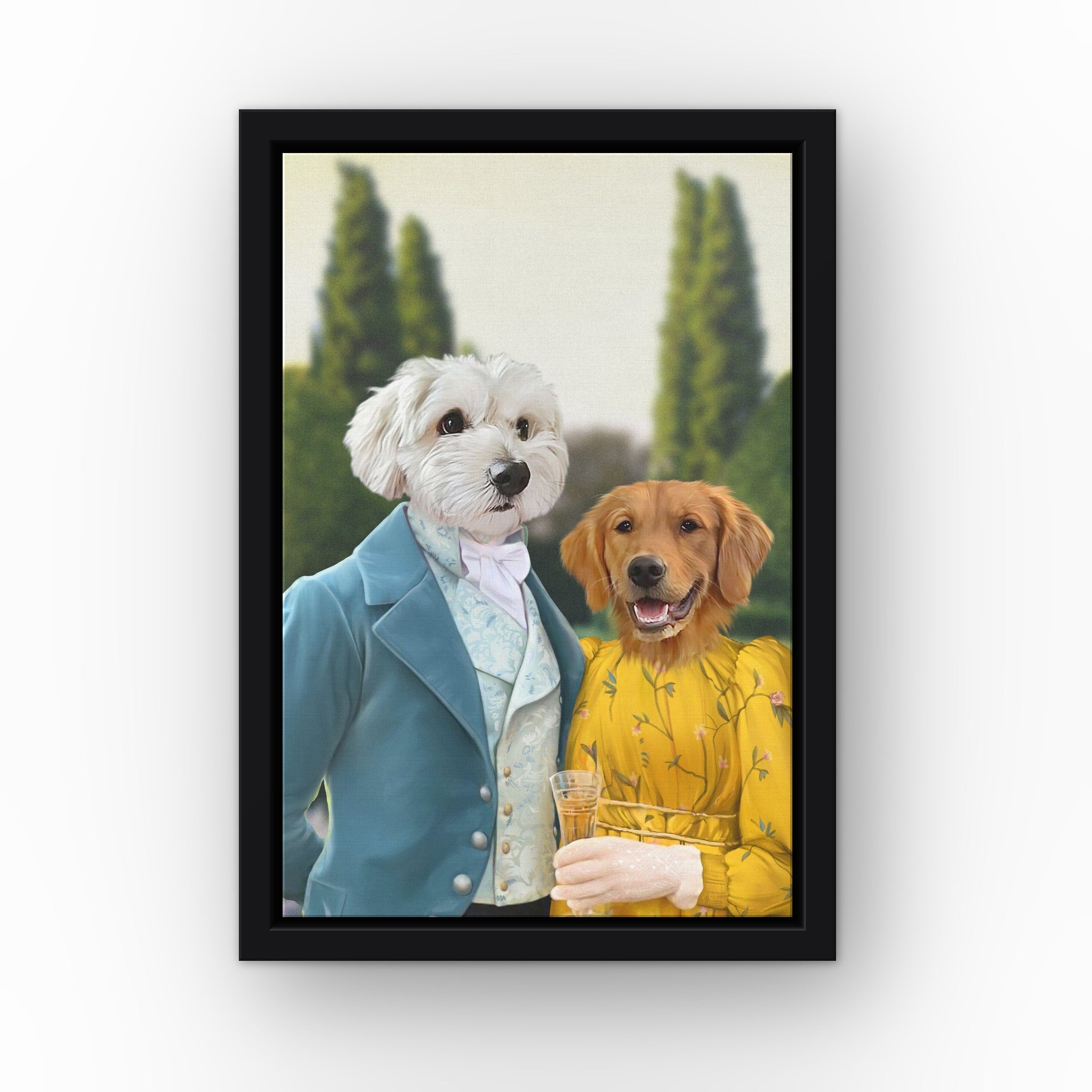 Colin and Marina custom pet canvas in a black floating frame