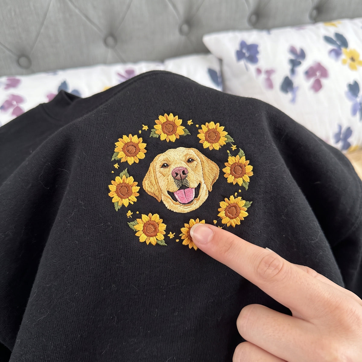 Custom Embroidered Pet Portrait Organic Sunflower Sweatshirt