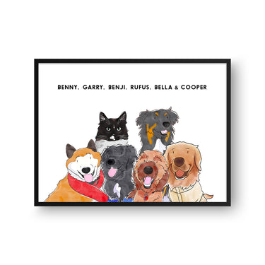 Watercolor Pet Portrait - Six Pets, Framed Poster