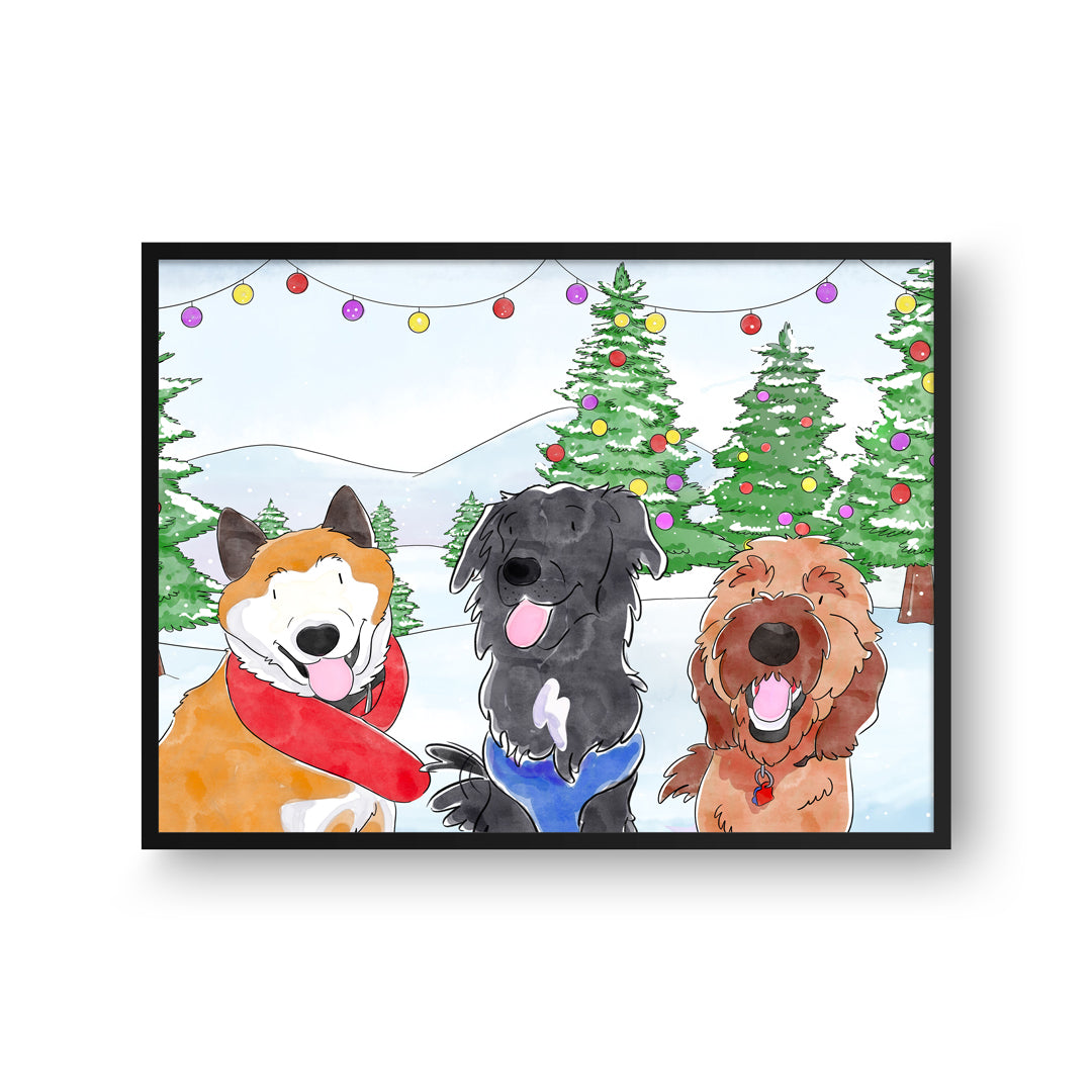 Christmas Watercolor Pet Portrait - Three Pets