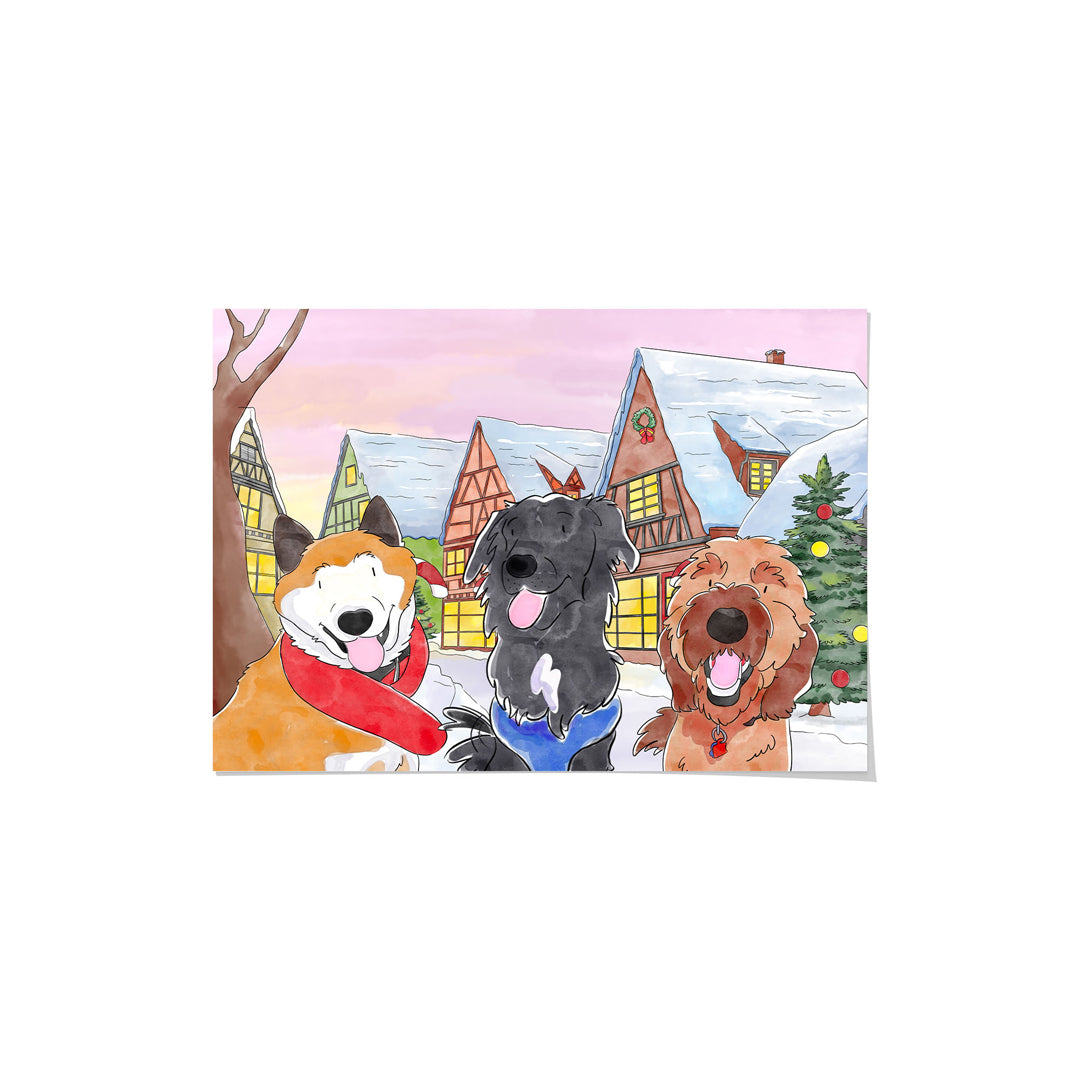 Christmas Watercolor Pet Portrait - Three Pets