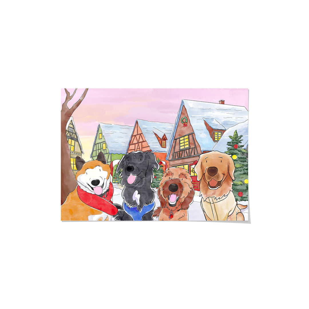 Christmas Watercolor Pet Portrait - Four Pets