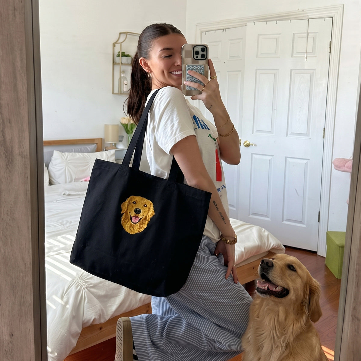 Embroidered Pet Face Organic Canvas Tote Bag