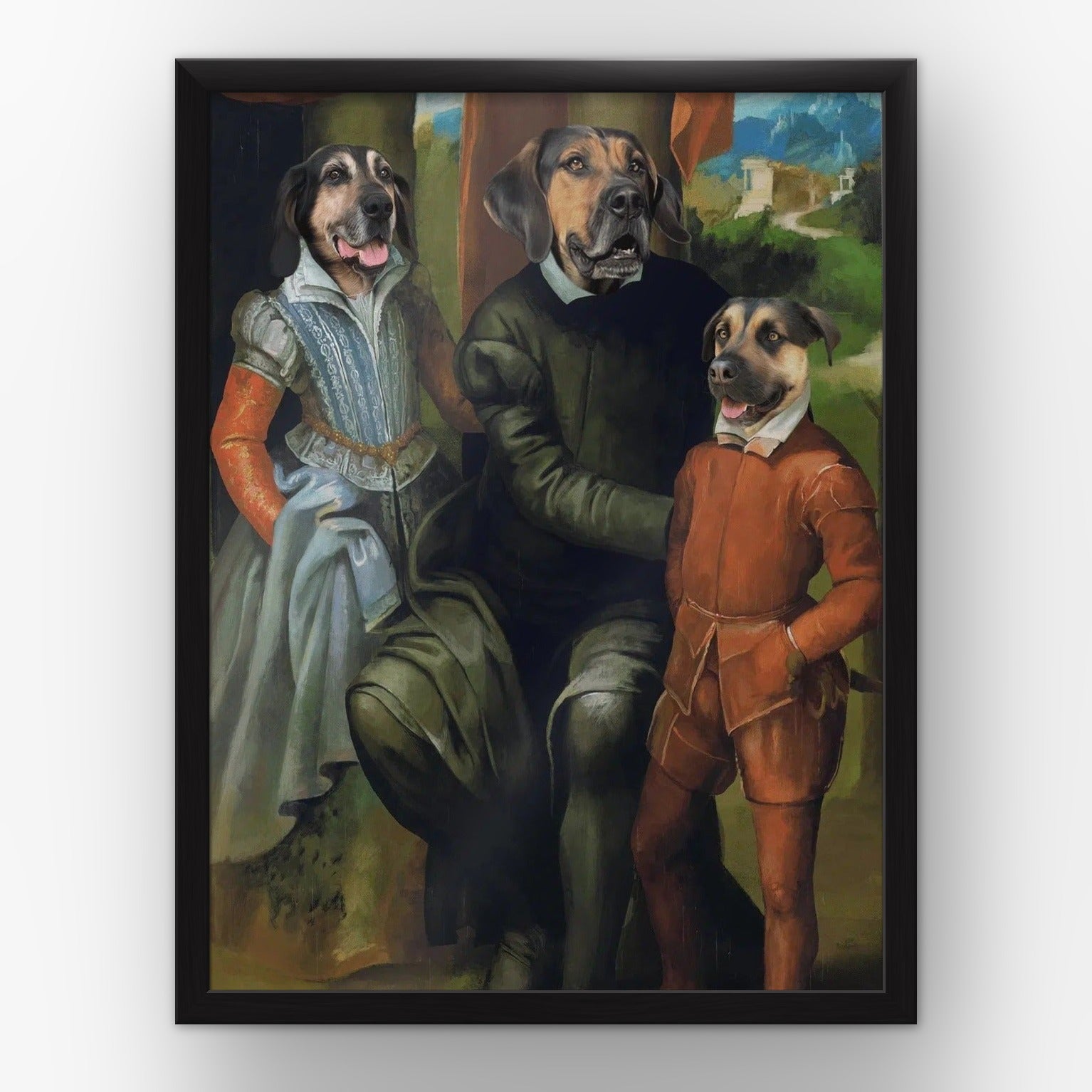 Family of Three custom pet poster in a black frame
