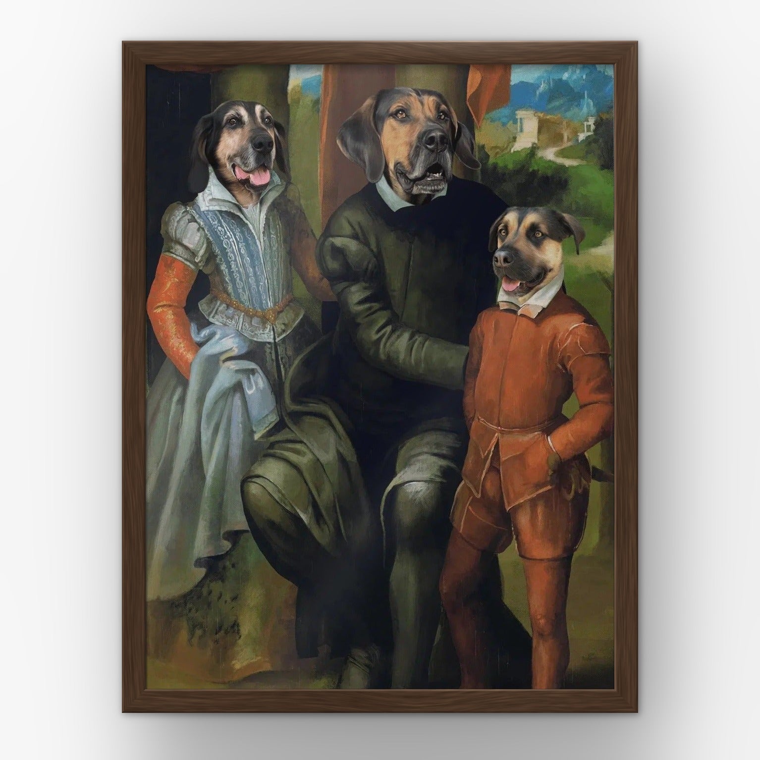 Family of Three custom pet poster in a walnut frame
