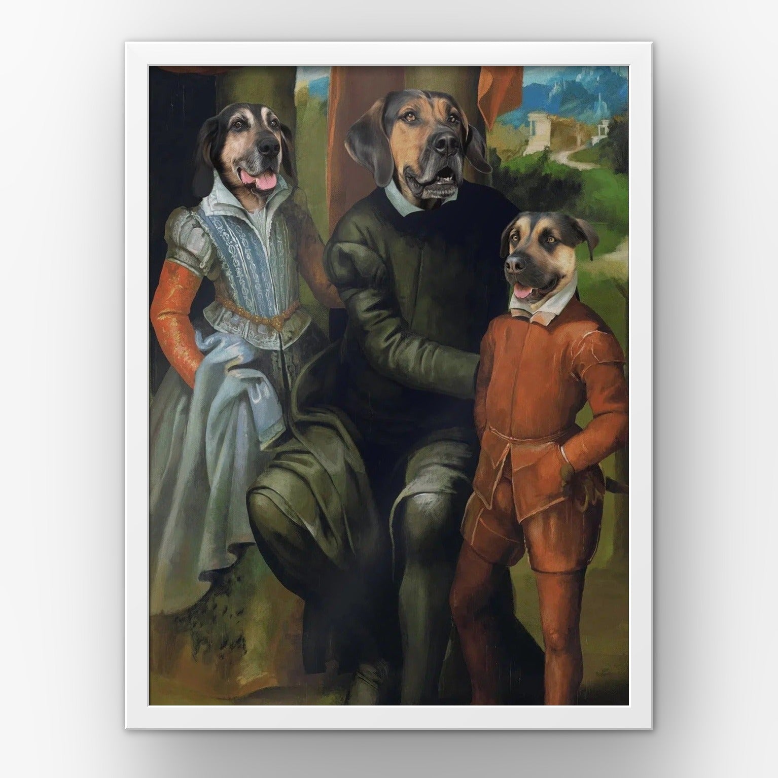 Family of Three custom pet poster in a white frame