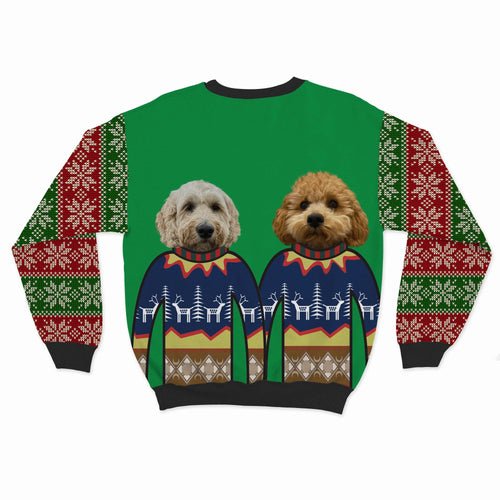 Crown and Paw - Custom Clothing Premium Christmas Sweatshirt - Two Pets Festive Green / Snowflakes / S
