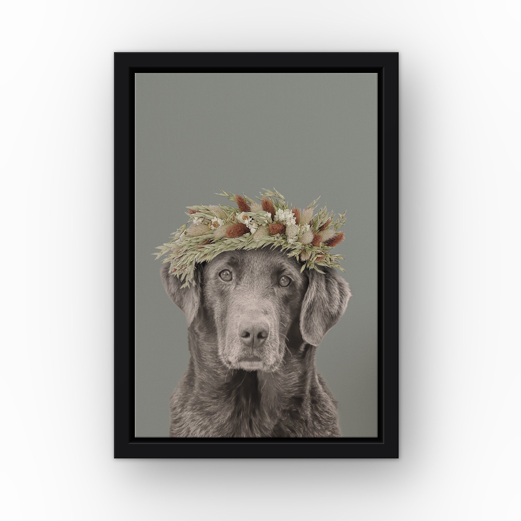 Foliage Pet Portrait (green) custom pet canvas in a black floating frame