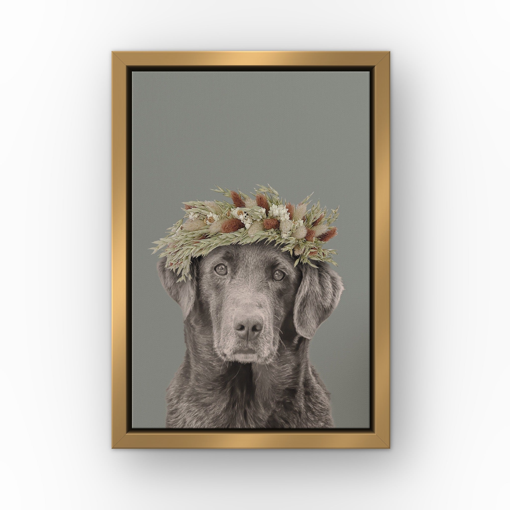 Foliage Pet Portrait (green) custom pet canvas in a gold floating frame