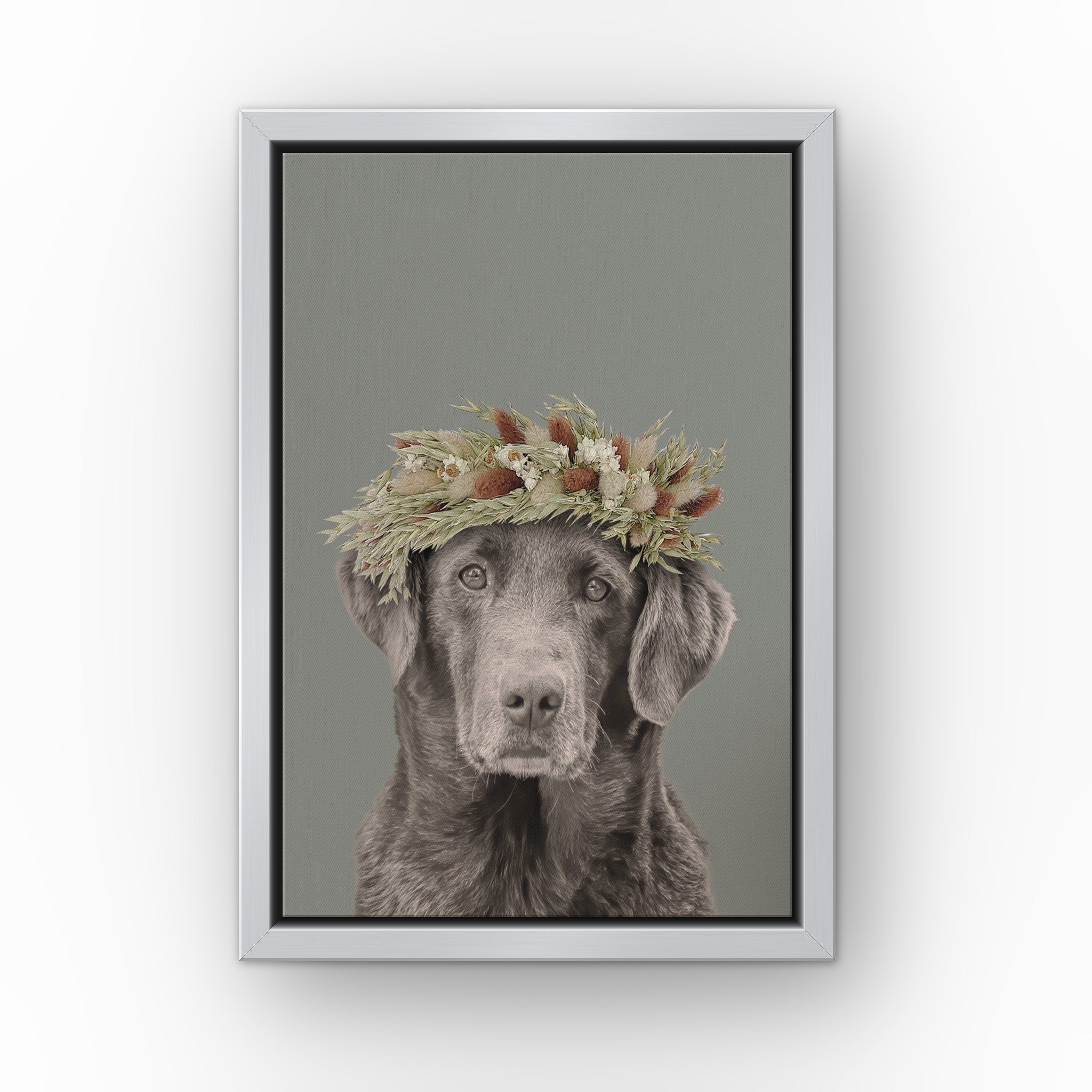 Foliage Pet Portrait (green) custom pet canvas in a silver floating frame