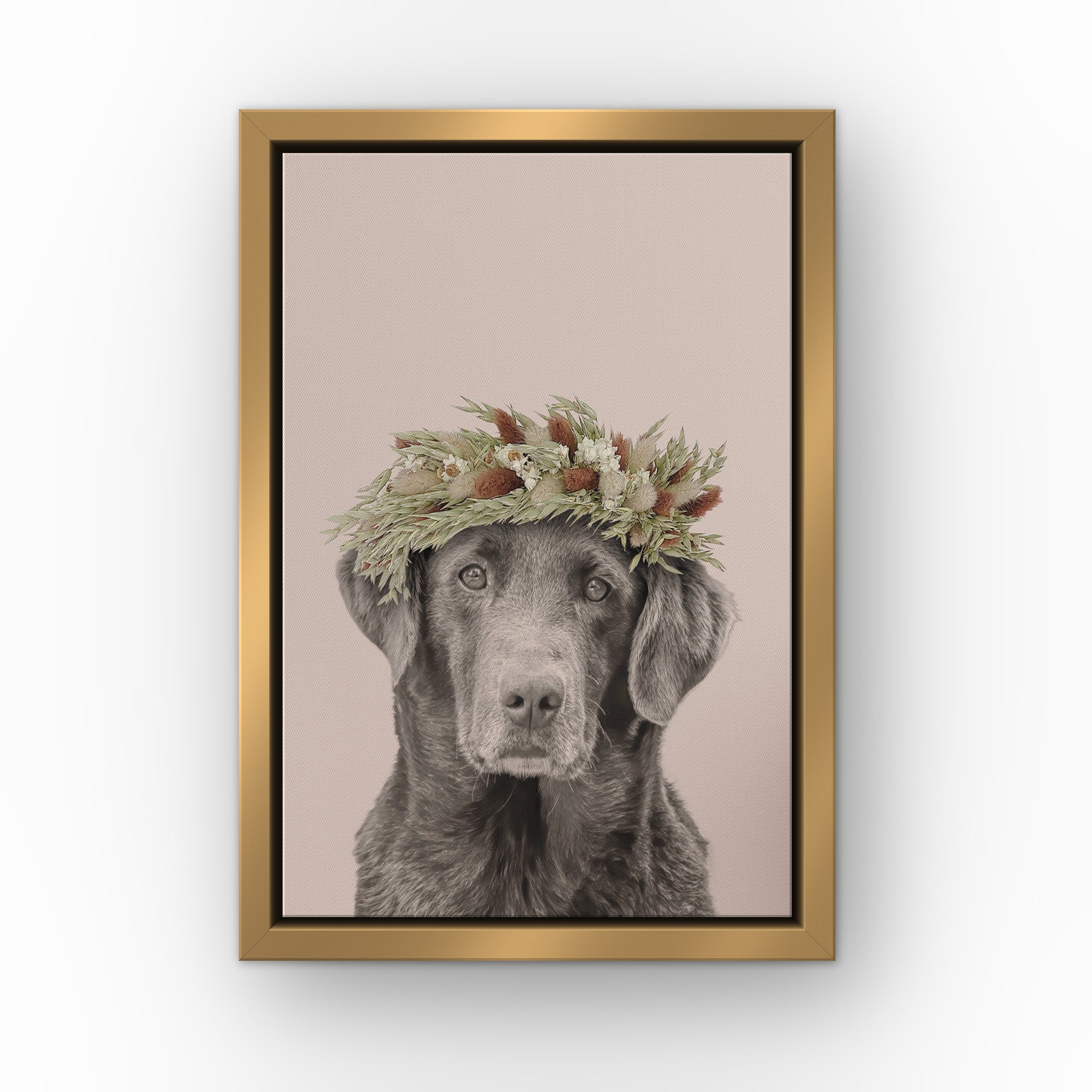 Foliage Pet Portrait (soft pink) custom pet canvas in a gold floating frame