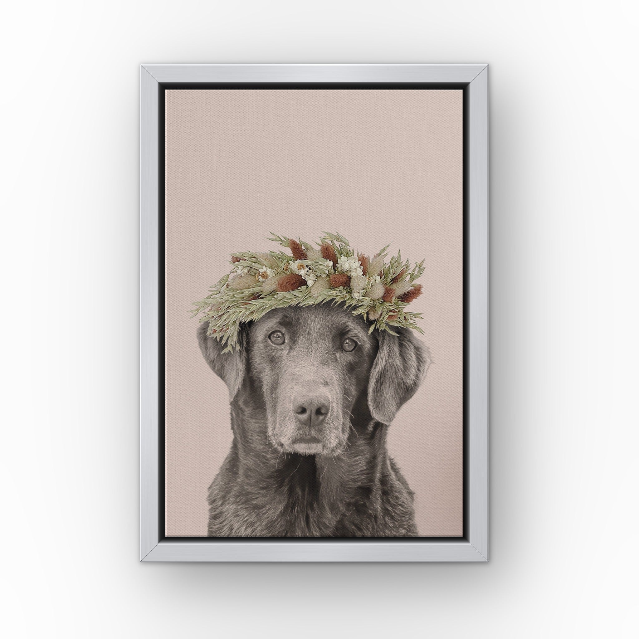 Foliage Pet Portrait (soft pink) custom pet canvas in a silver floating frame