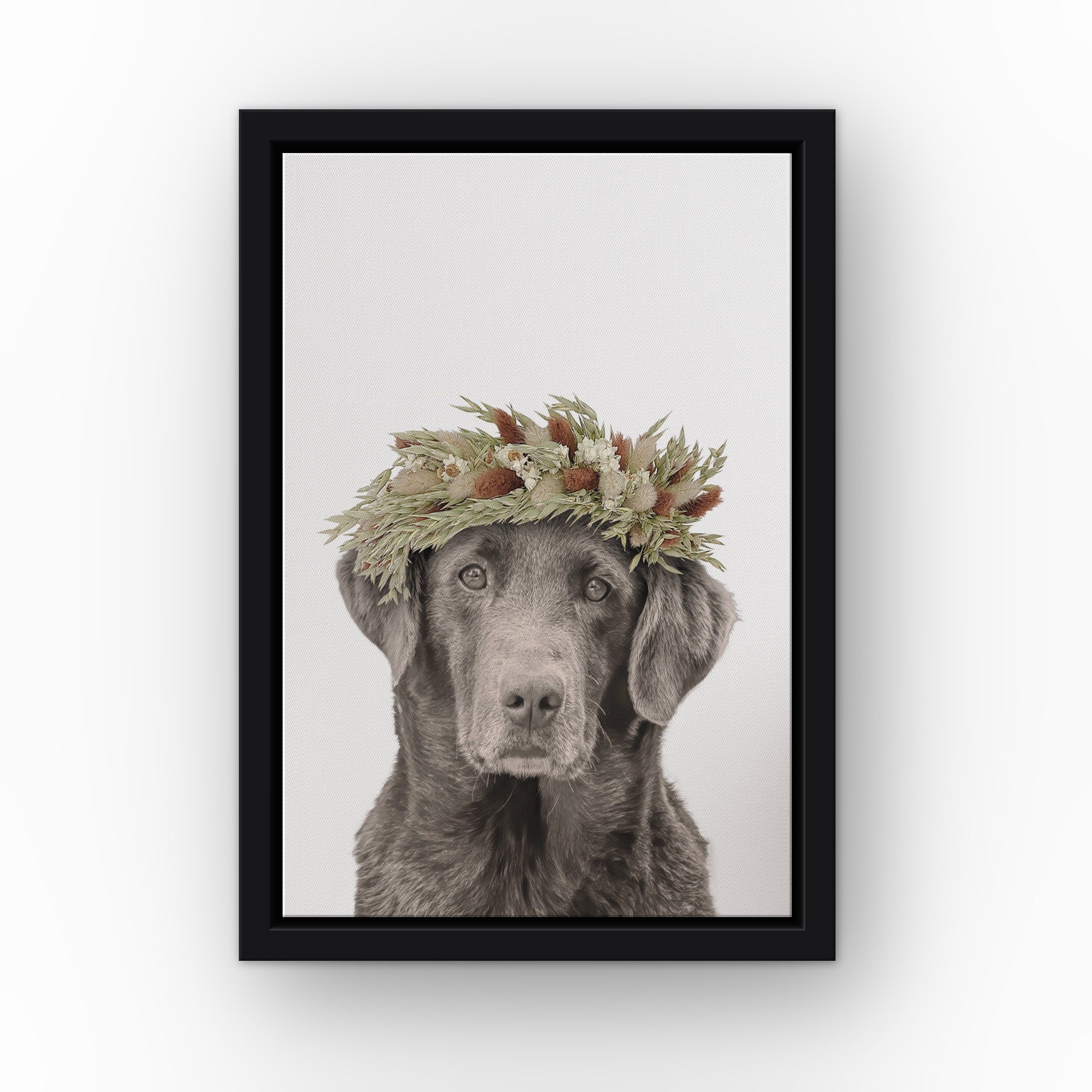 Foliage Pet Portrait (white) custom pet canvas in a black floating frame