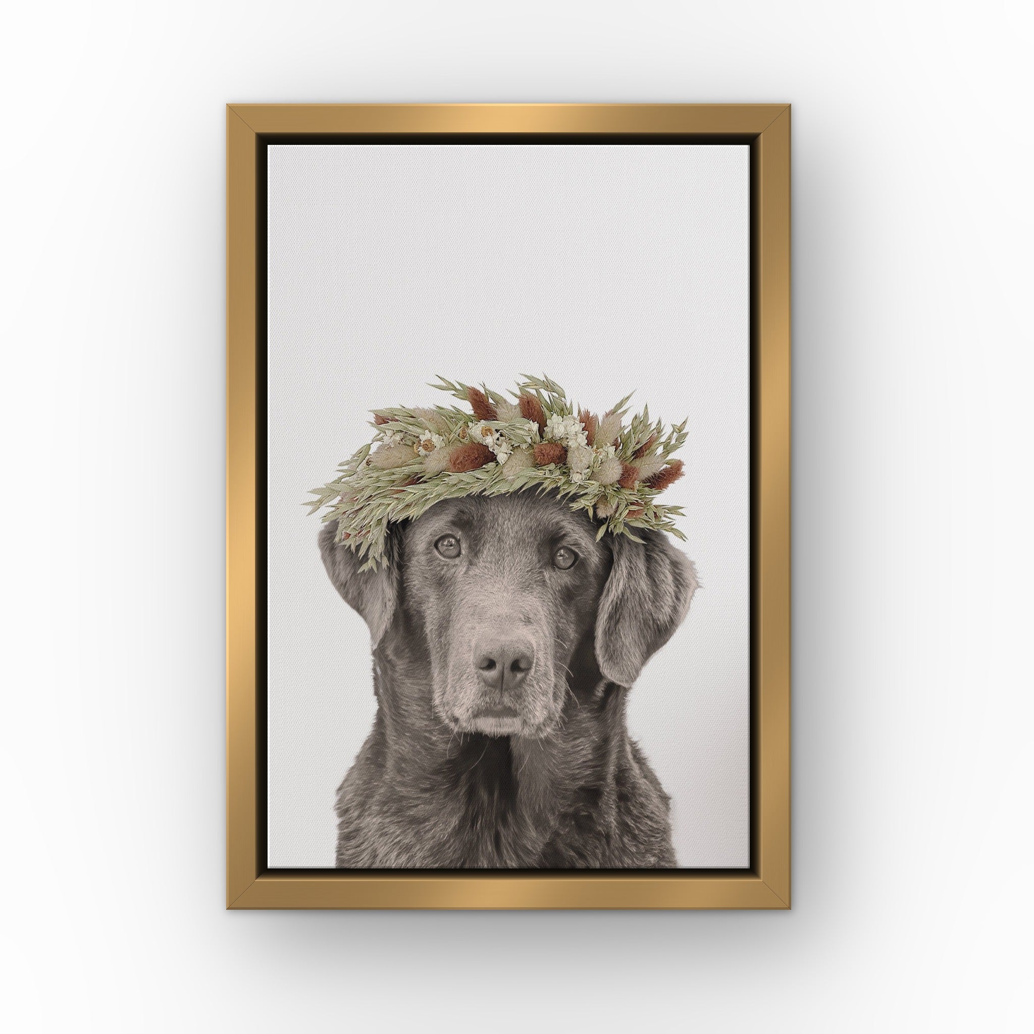 Foliage Pet Portrait (white) custom pet canvas in a gold floating frame