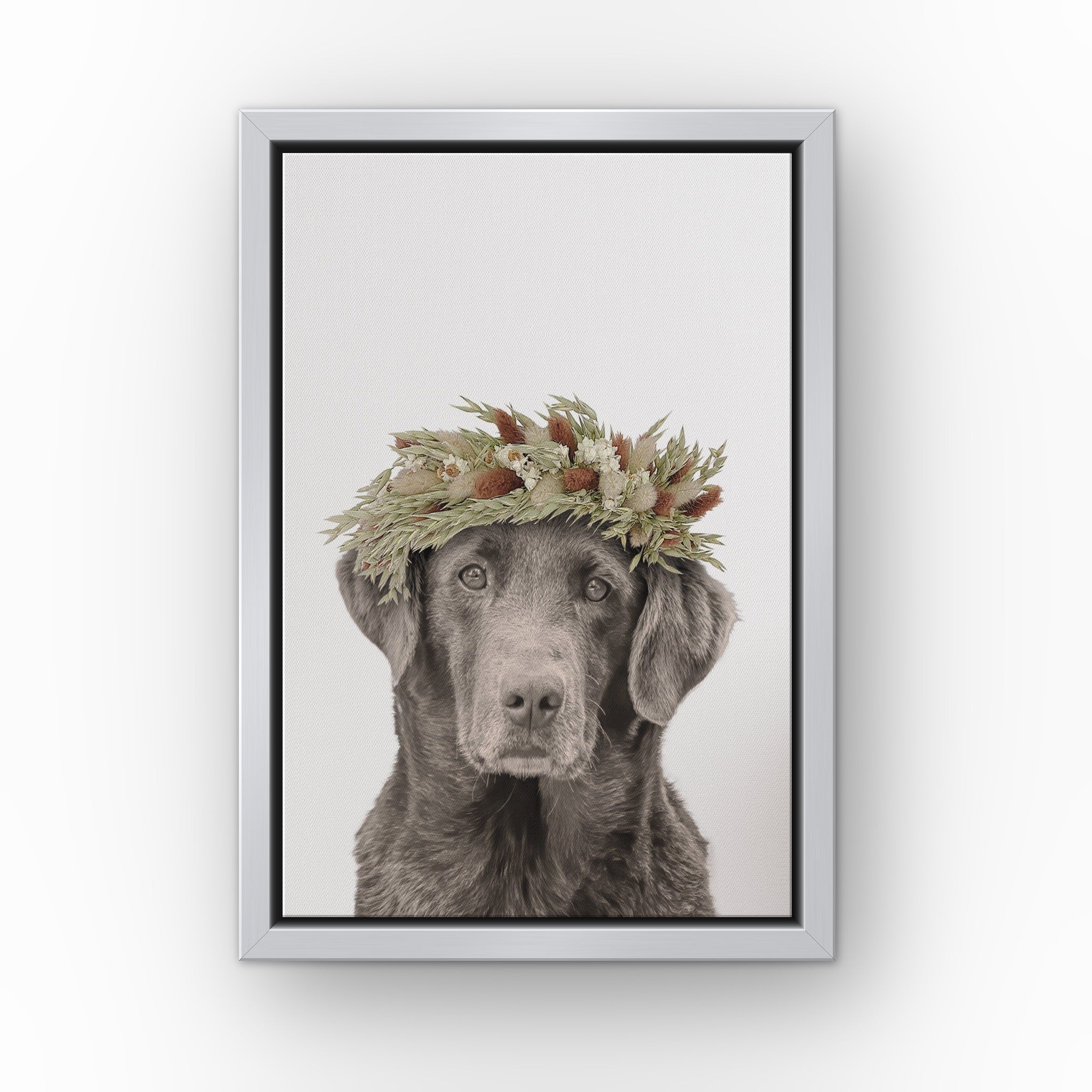 Foliage Pet Portrait (white) custom pet canvas in a silver floating frame