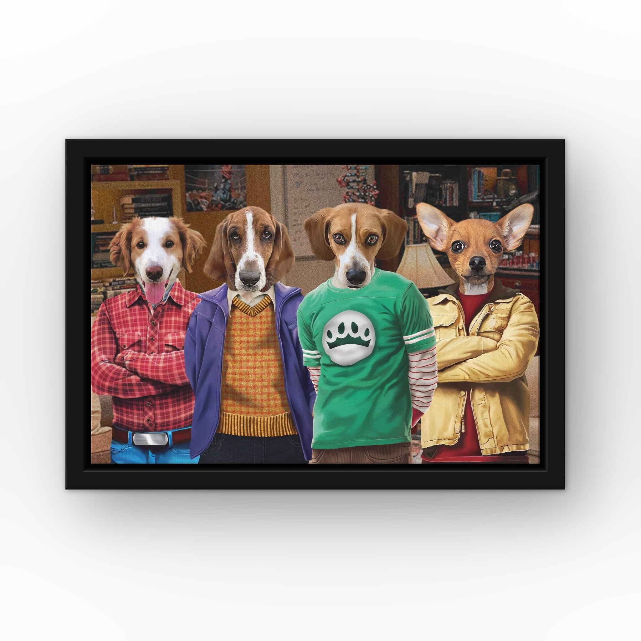Four Nerd Friends custom pet canvas in a black floating frame