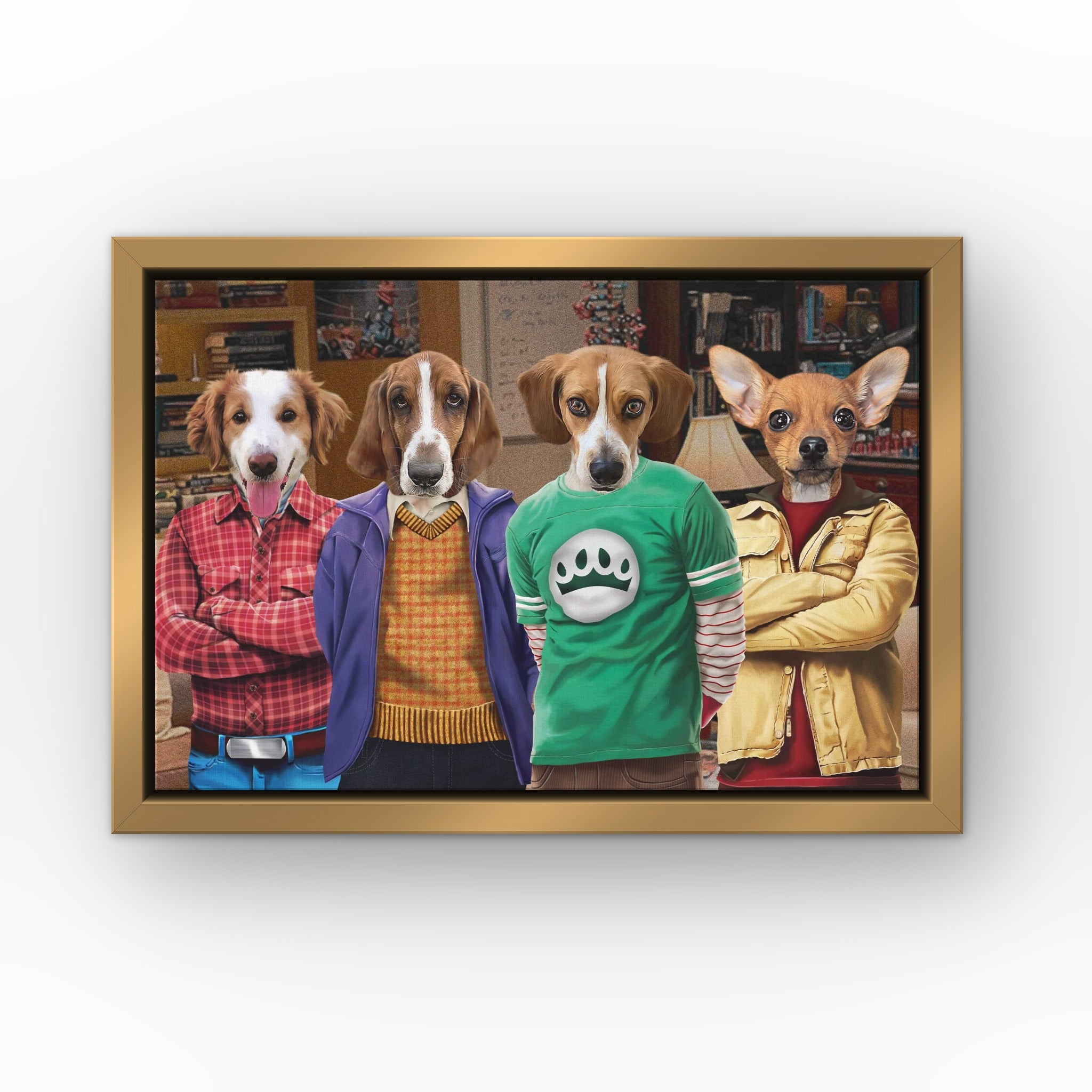 Four Nerd Friends custom pet canvas in a gold floating frame