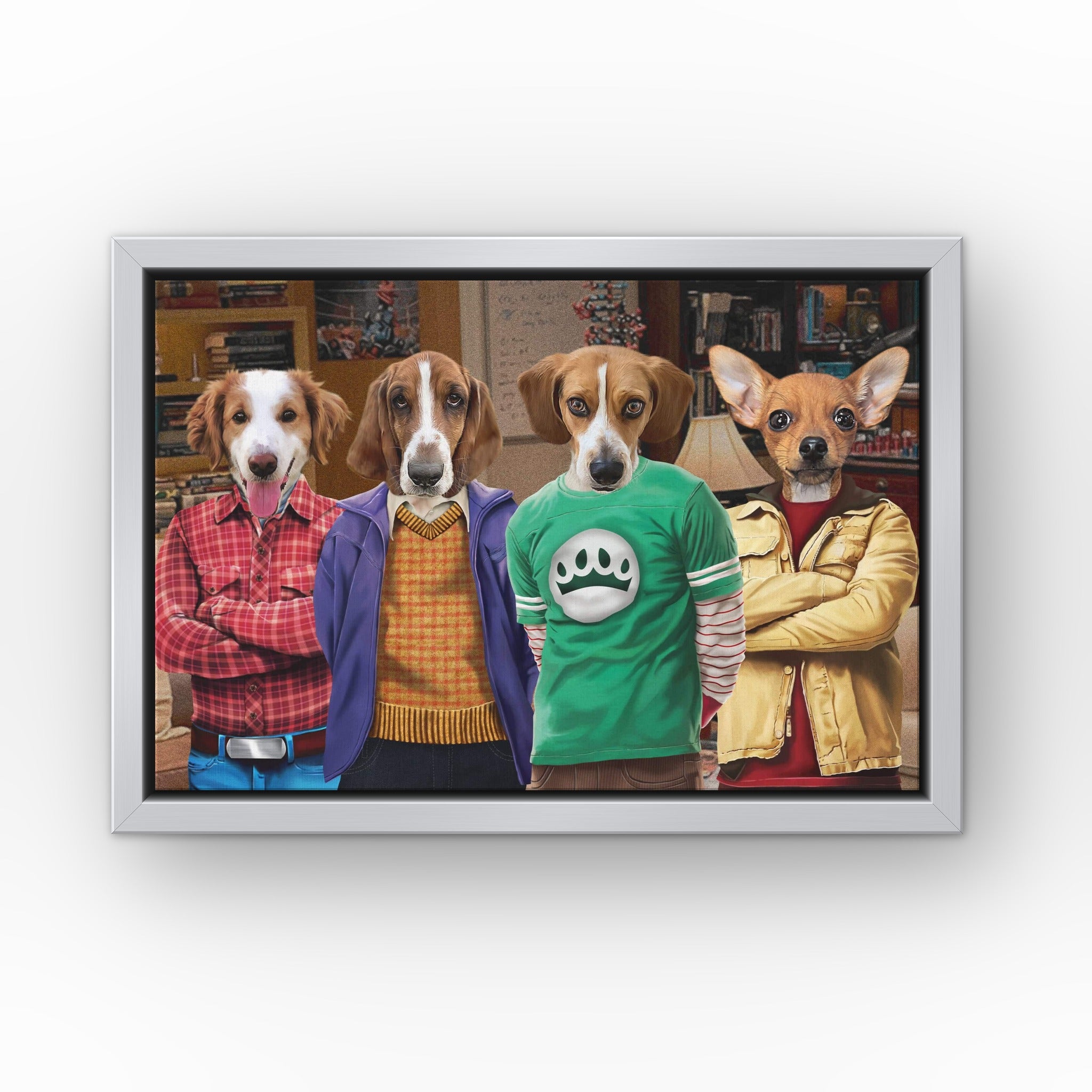 Four Nerd Friends custom pet canvas in a silver floating frame