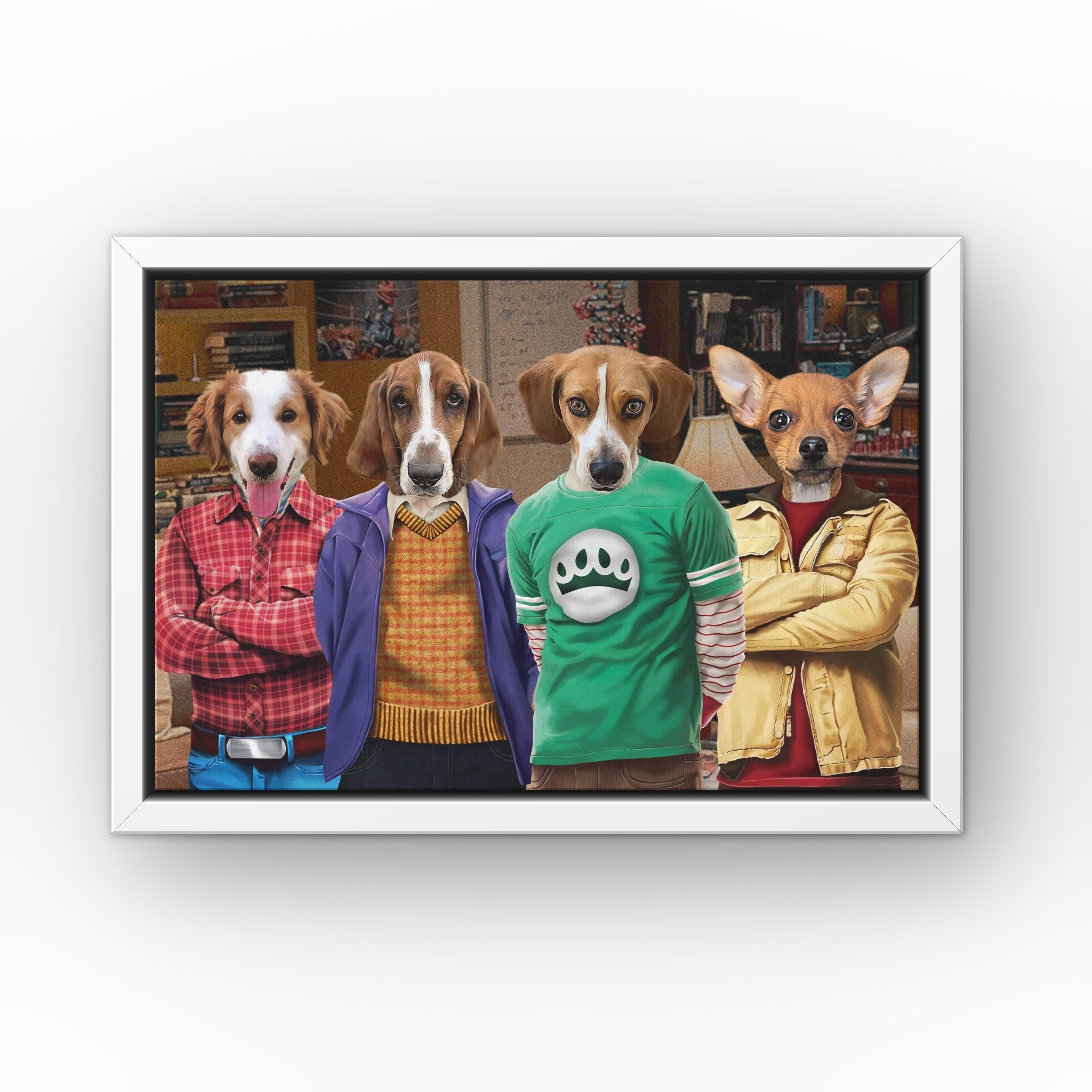 Four Nerd Friends custom pet canvas in a white floating frame