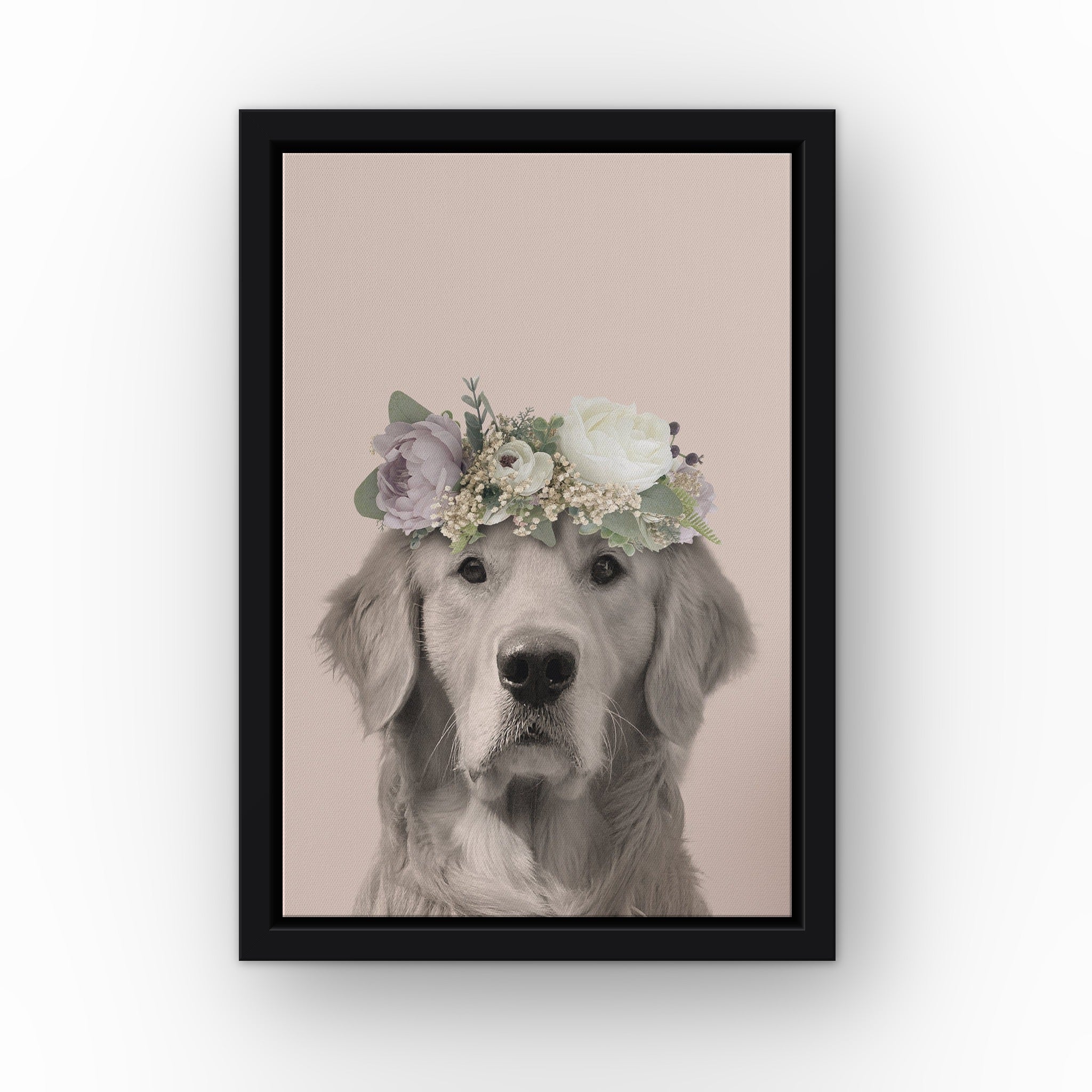 Full Bloom Pet Portrait (soft pink) custom pet canvas in a black floating frame