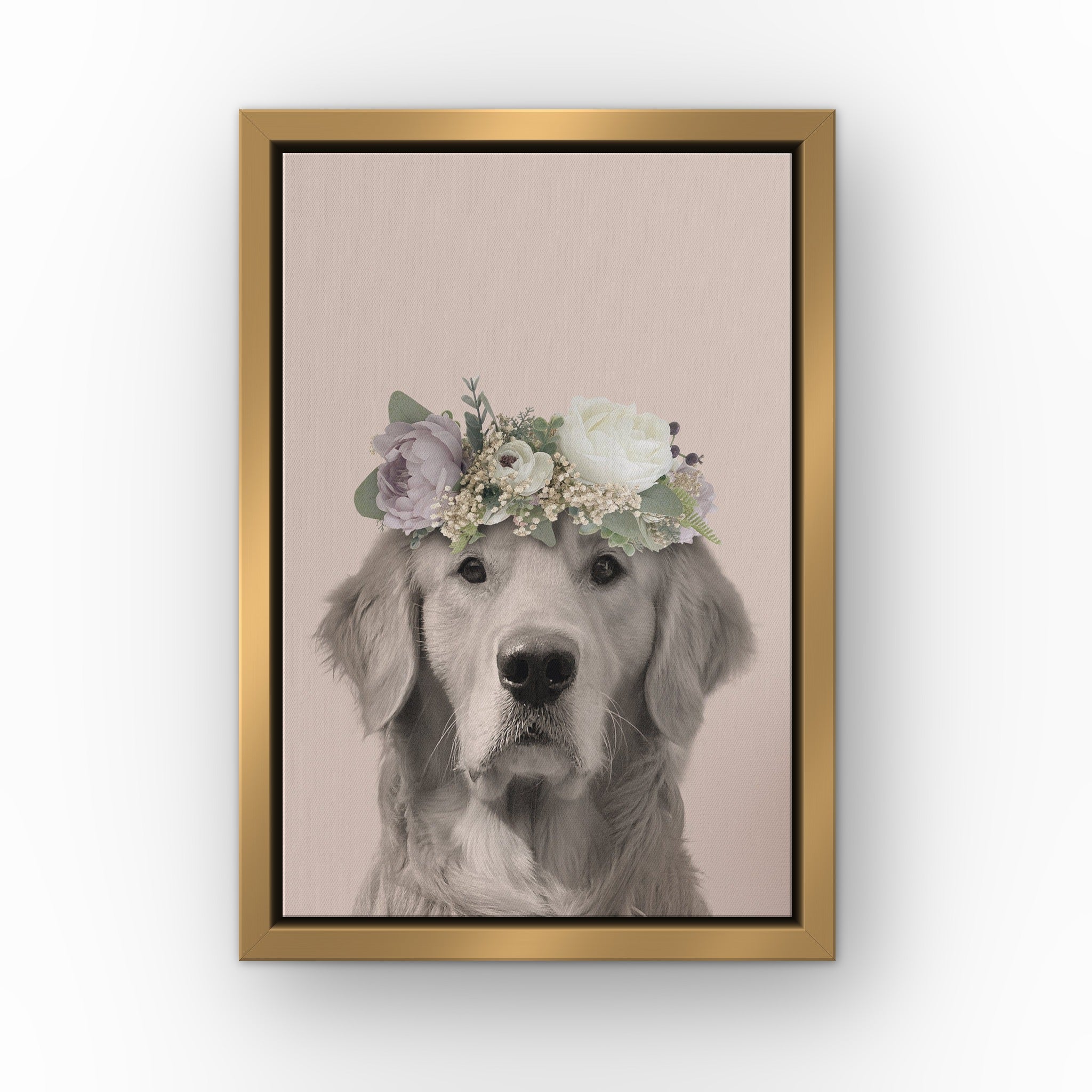 Full Bloom Pet Portrait (soft pink) custom pet canvas in a gold floating frame