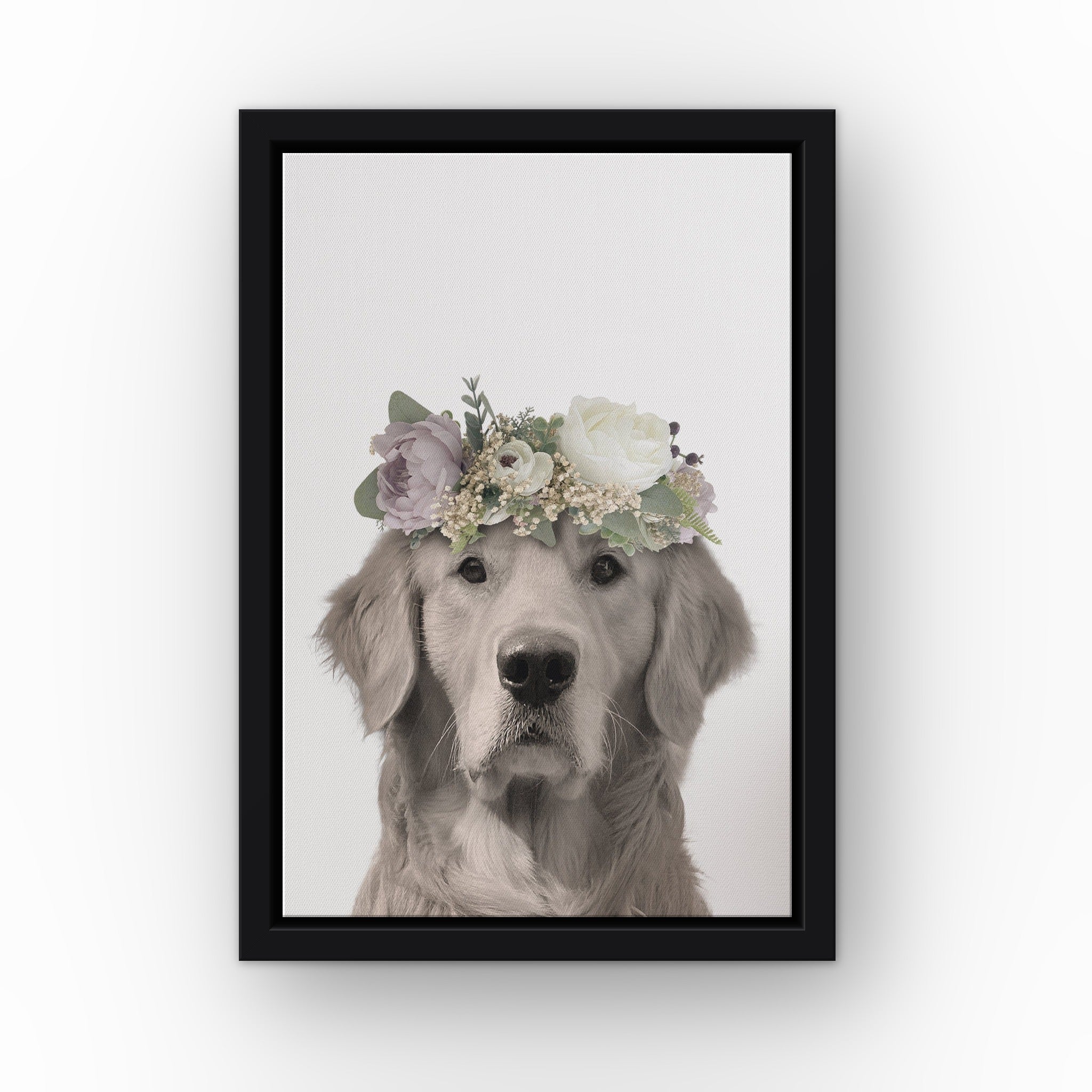Full Bloom Pet Portrait (white) custom pet canvas in a black floating frame
