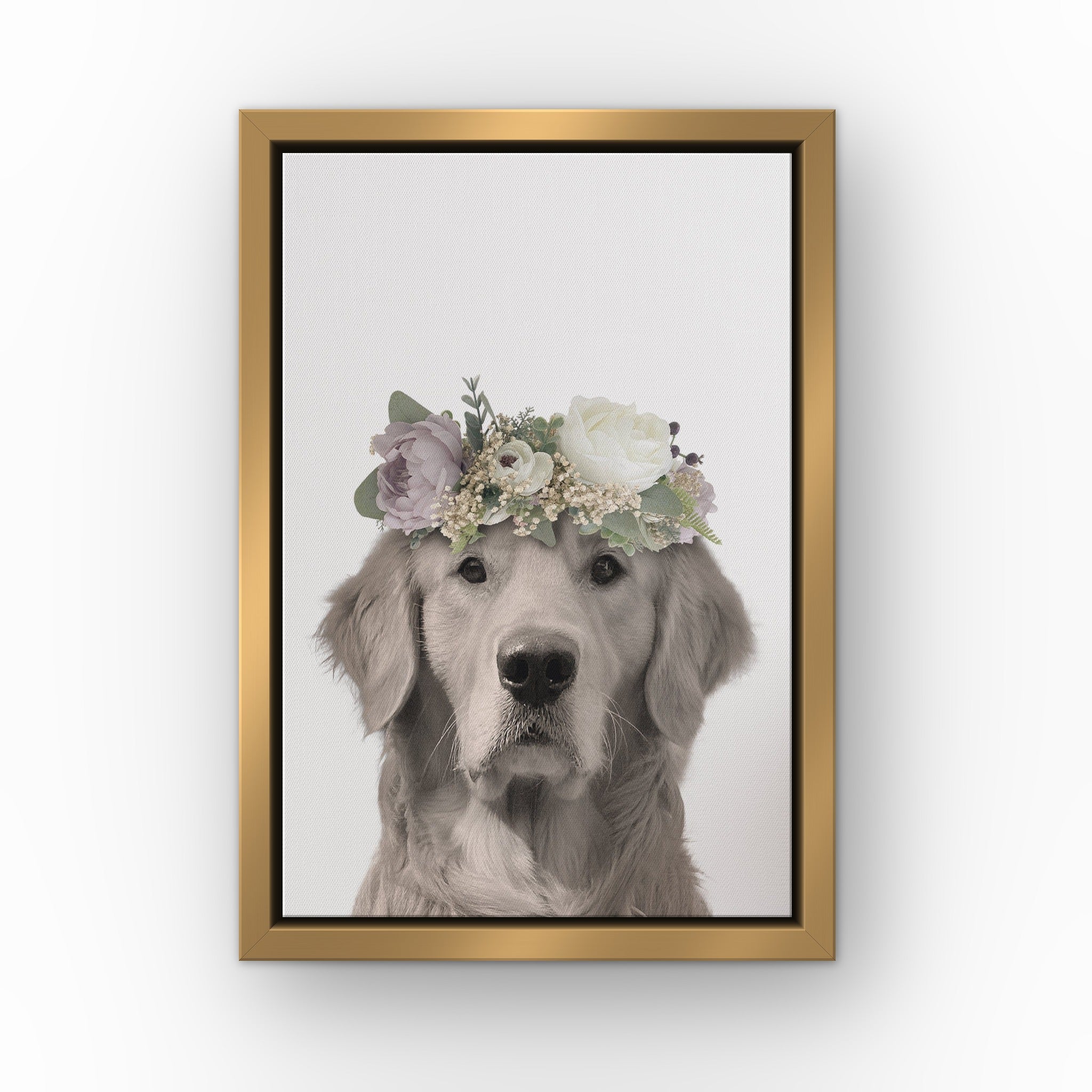 Full Bloom Pet Portrait (white) custom pet canvas in a gold floating frame