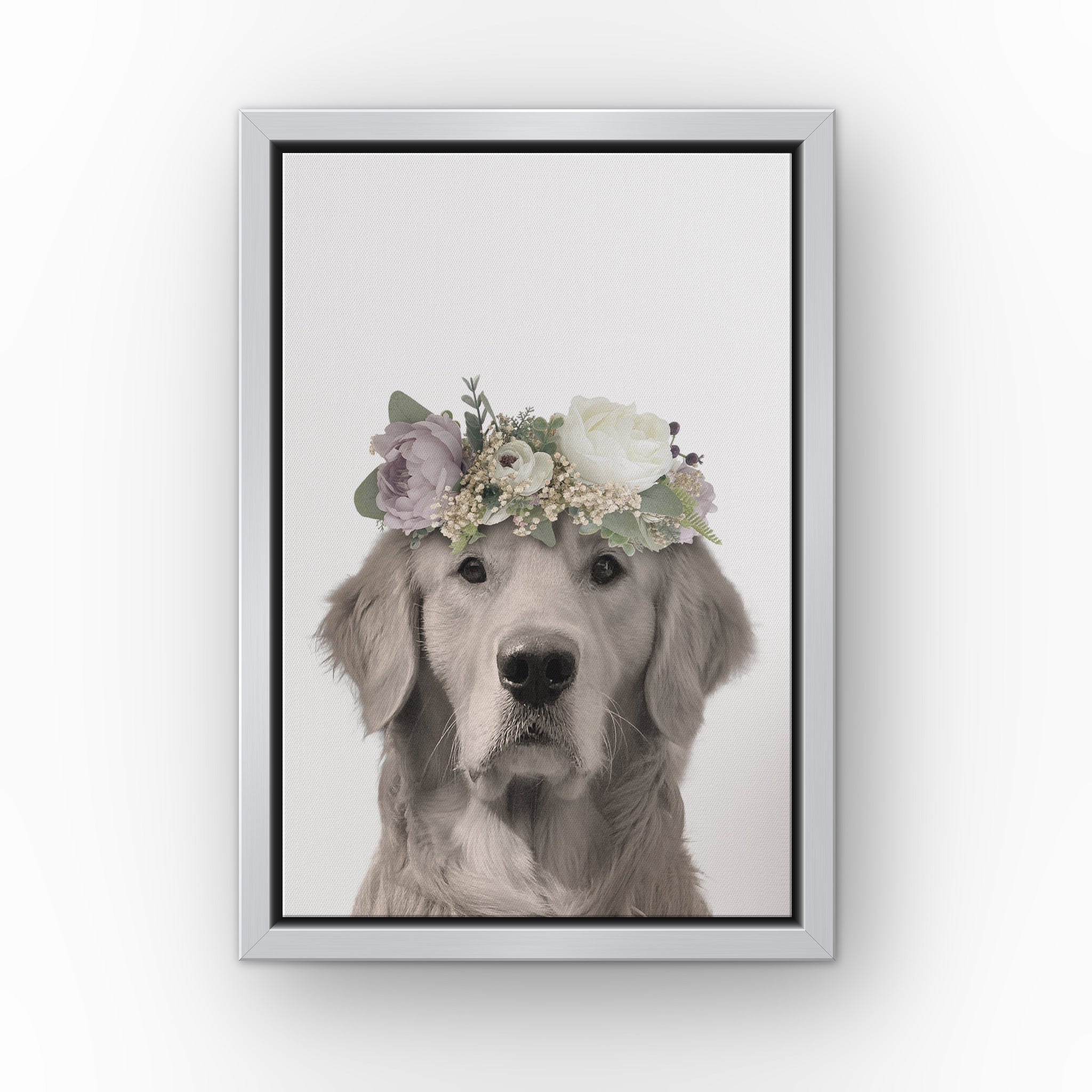 Full Bloom Pet Portrait (white) custom pet canvas in a silver floating frame