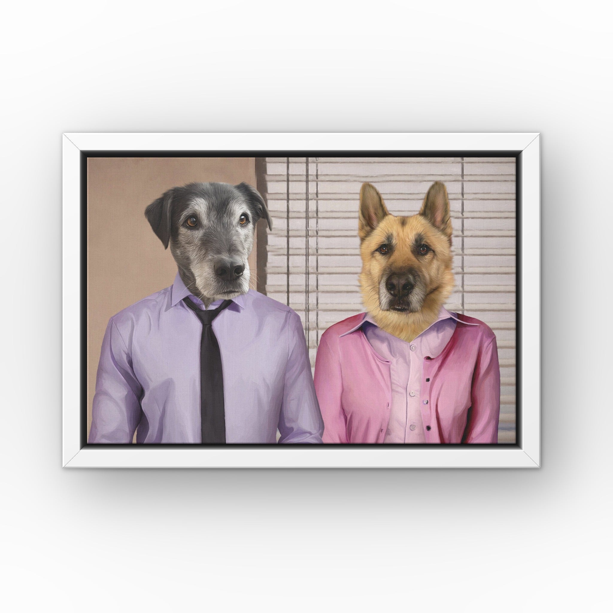 Jim and Pam custom pet canvas in a white floating frame