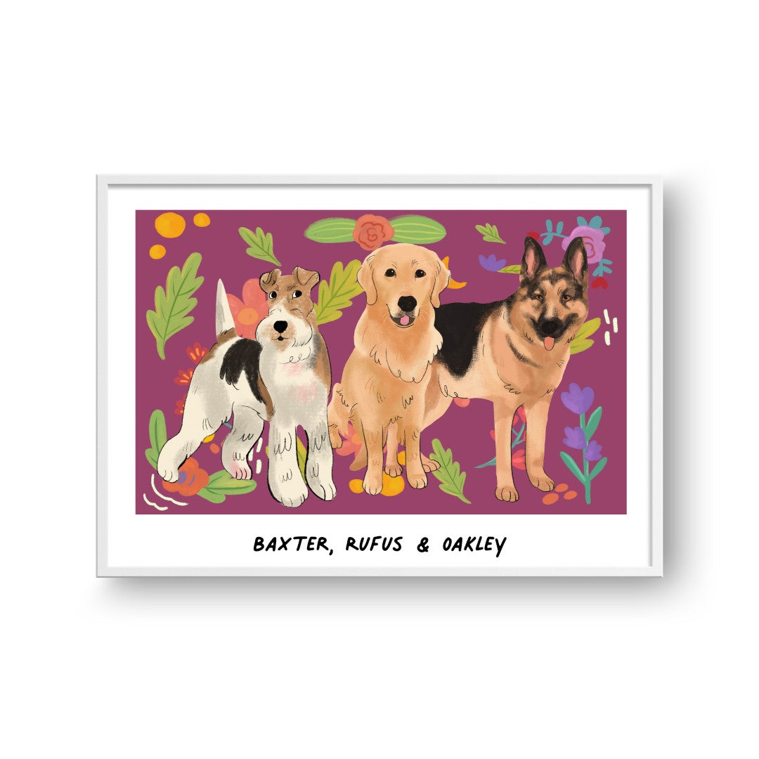 Premium Watercolor Pet Portrait - Three Pets, Framed Poster