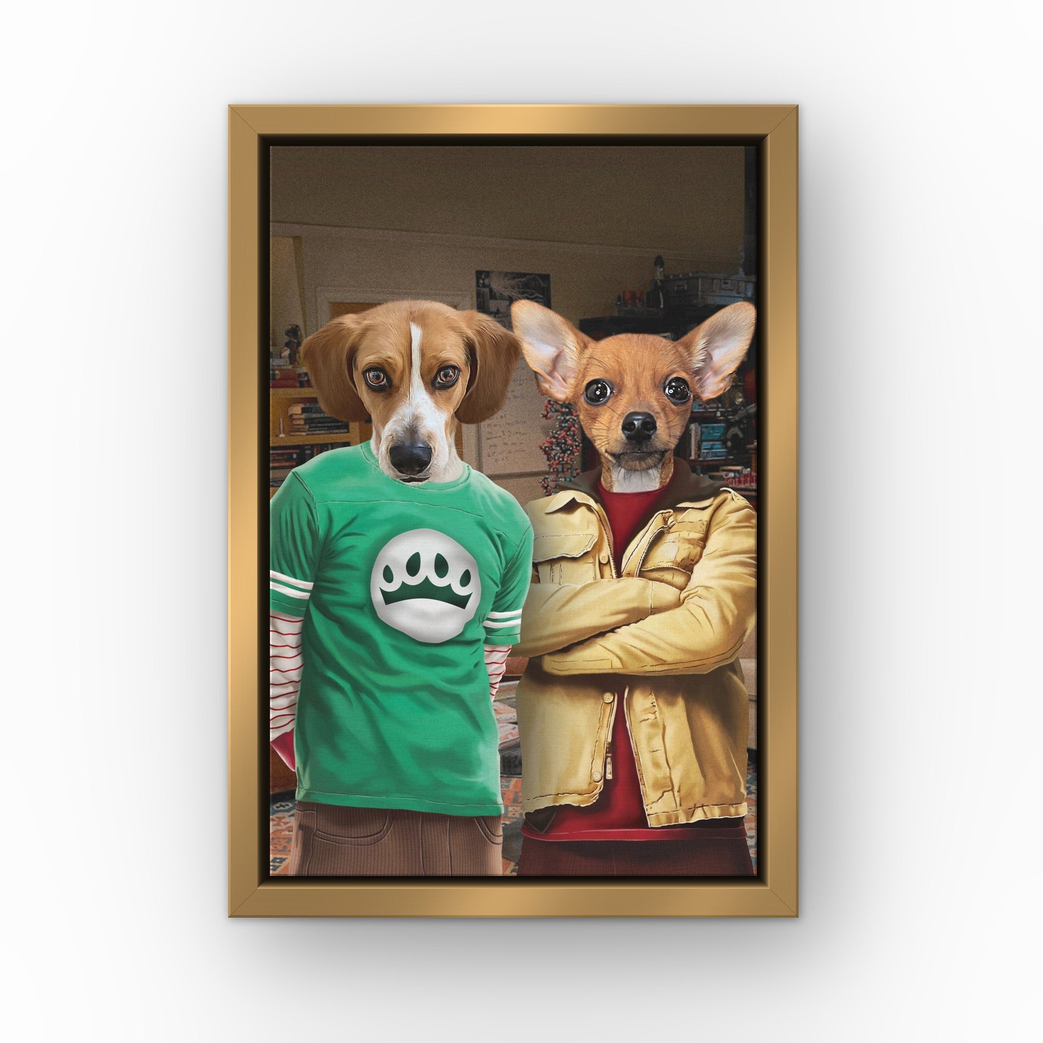 Nerd Friends custom pet canvas in a gold floating frame