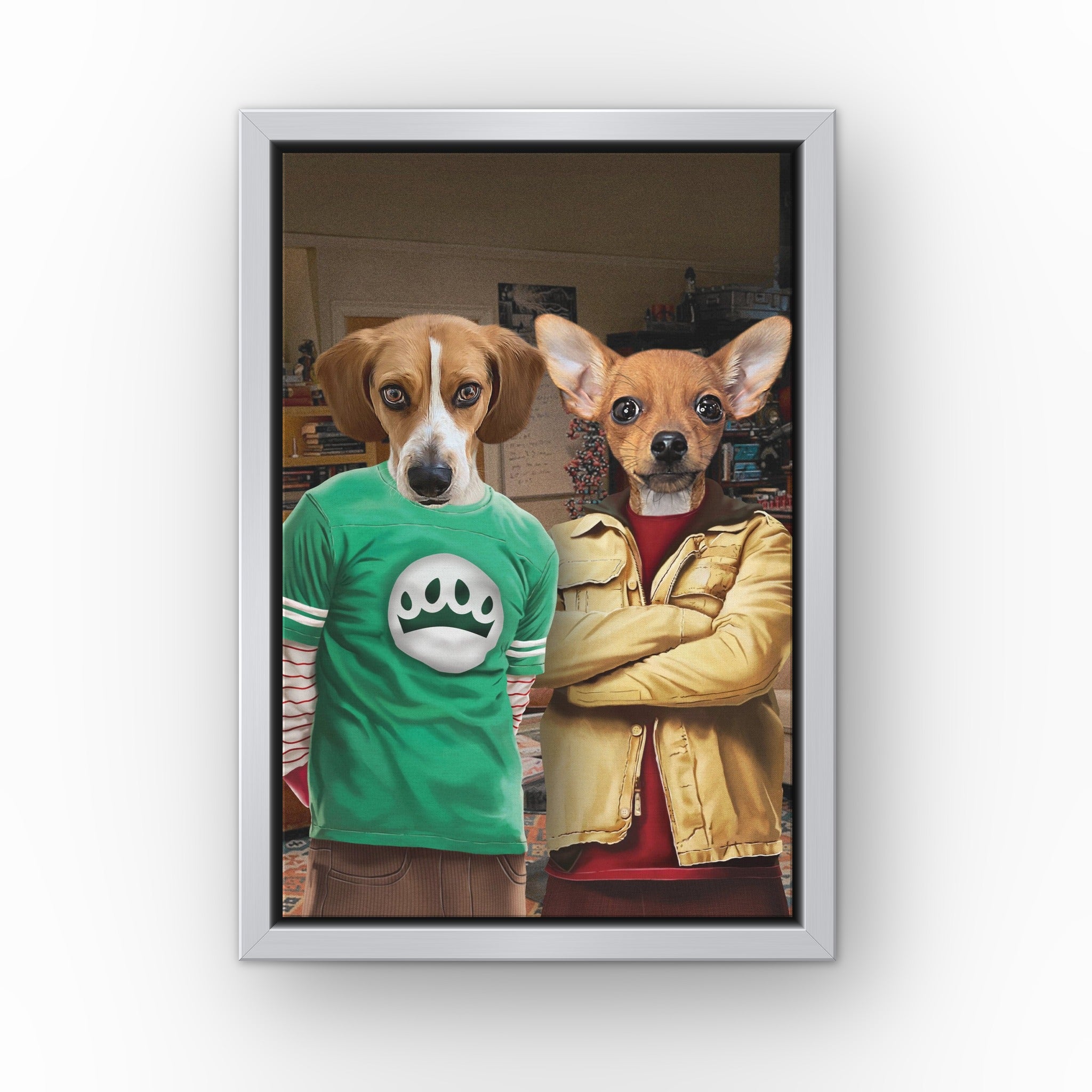 Nerd Friends custom pet canvas in a silver floating frame
