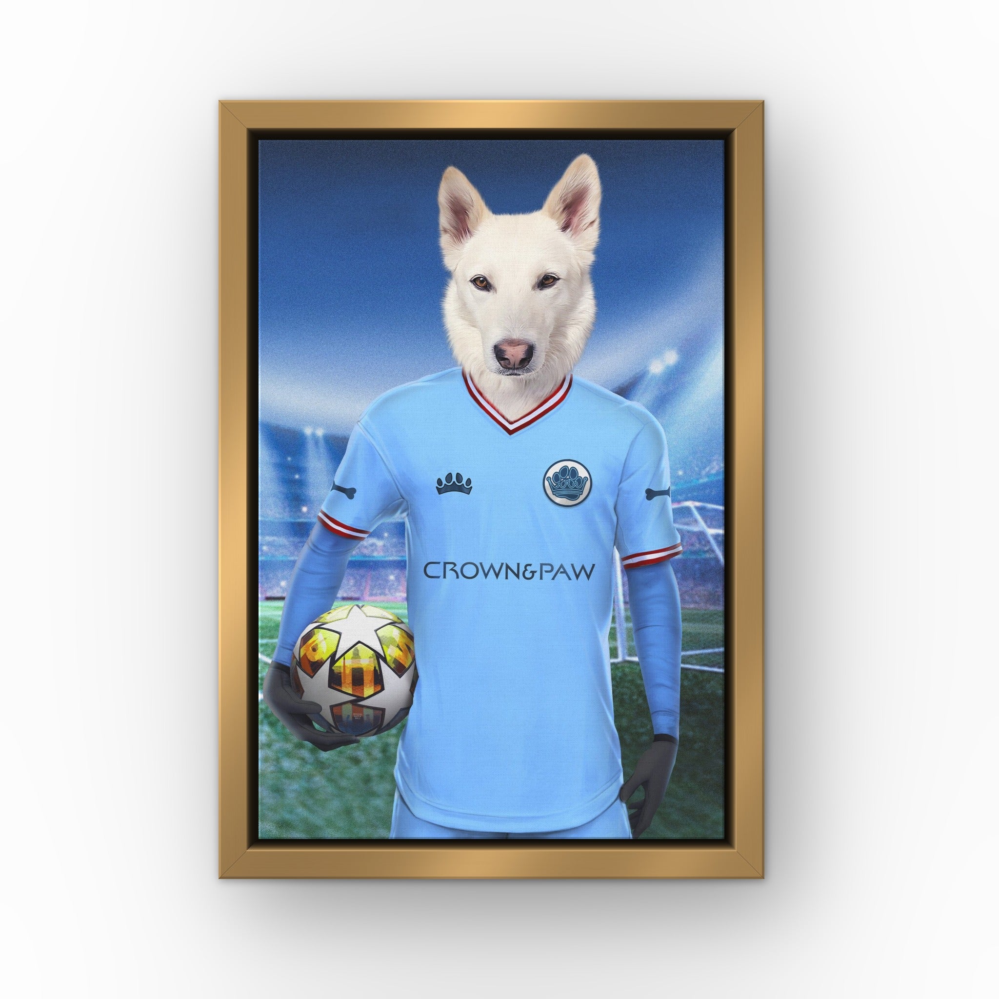 Pawchester City custom pet canvas in a gold floating frame