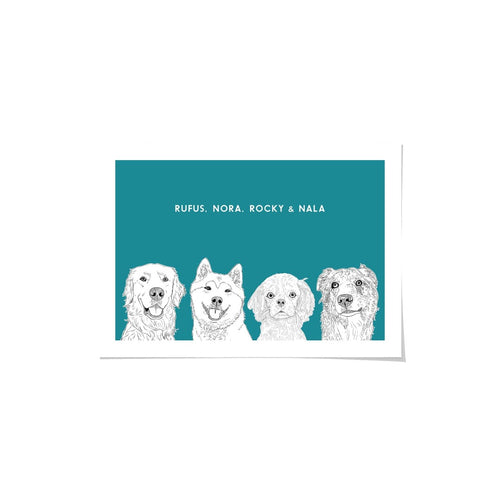 Crown and Paw - Framed Poster Illustrated Pet Portrait - Four Pets 8" x 10" / Unframed / Aquamarine