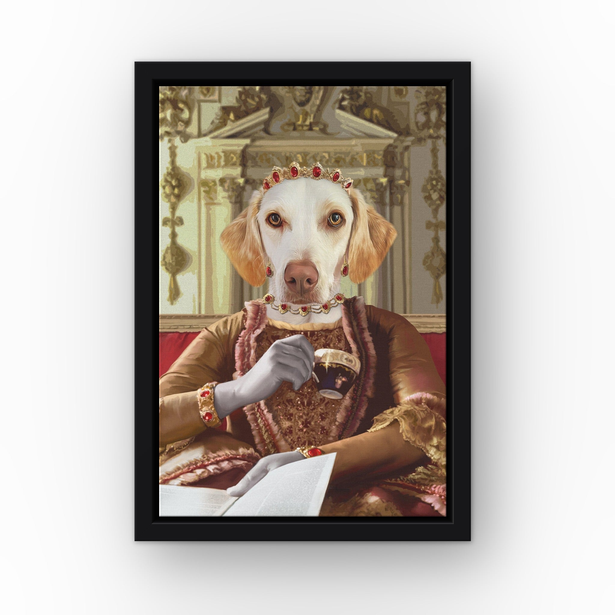 Queen Charlotte custom pet canvas in a black floating frame