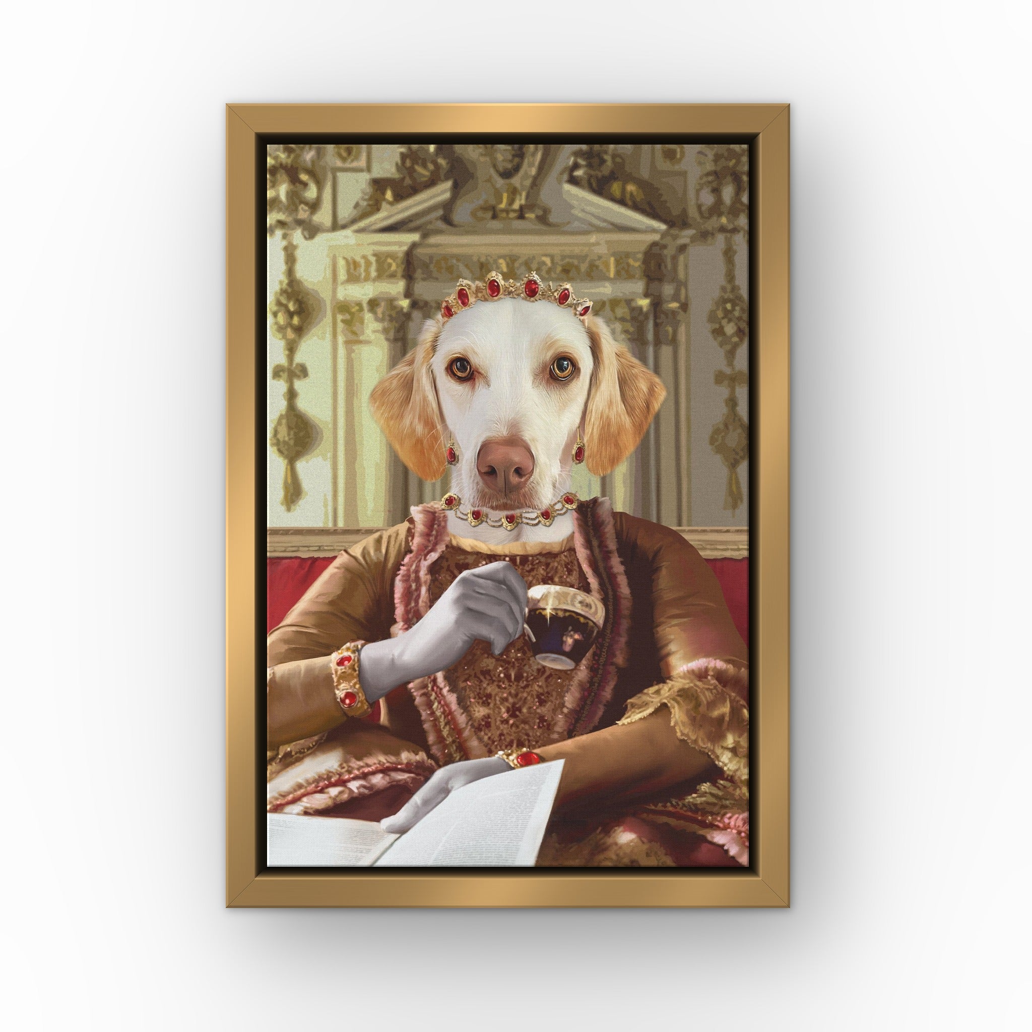 Queen Charlotte custom pet canvas in a gold floating frame