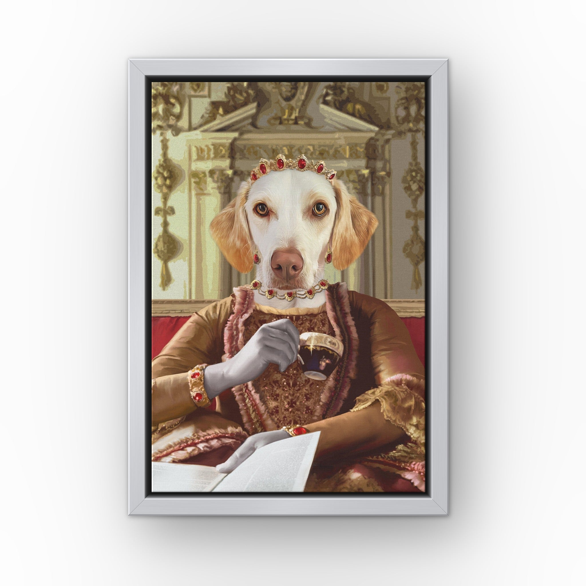Queen Charlotte custom pet canvas in a silver floating frame